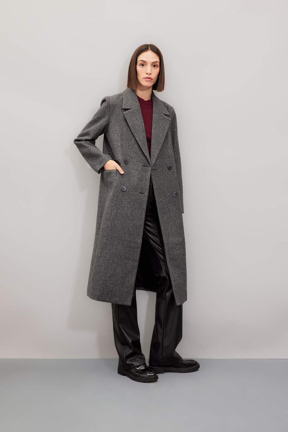 DeFacto-Regular Fit Double Breasted Collar Button Pocket Long Cashmere Coat A0908Ax24Wn 2