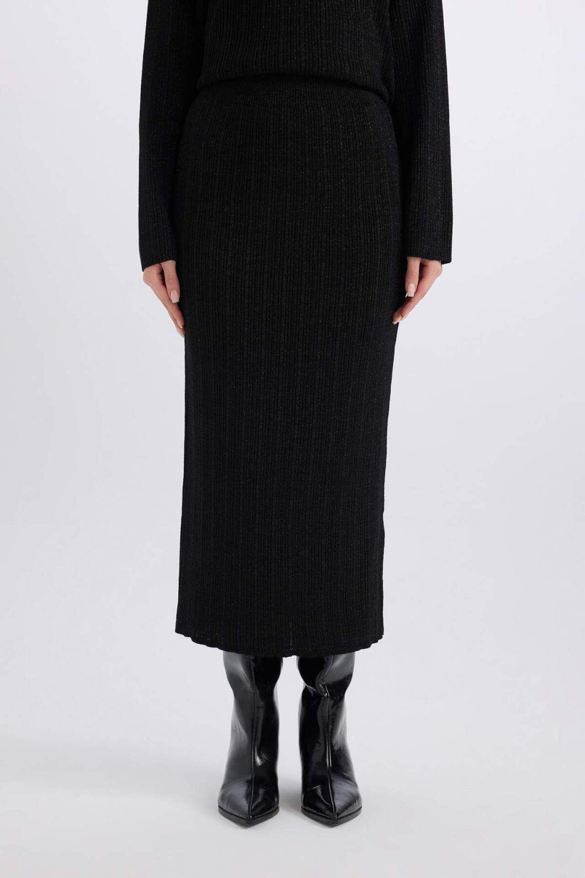 DeFacto-Normale Passform Basic Plain Maxi Strickrock E0936AX24WN 4