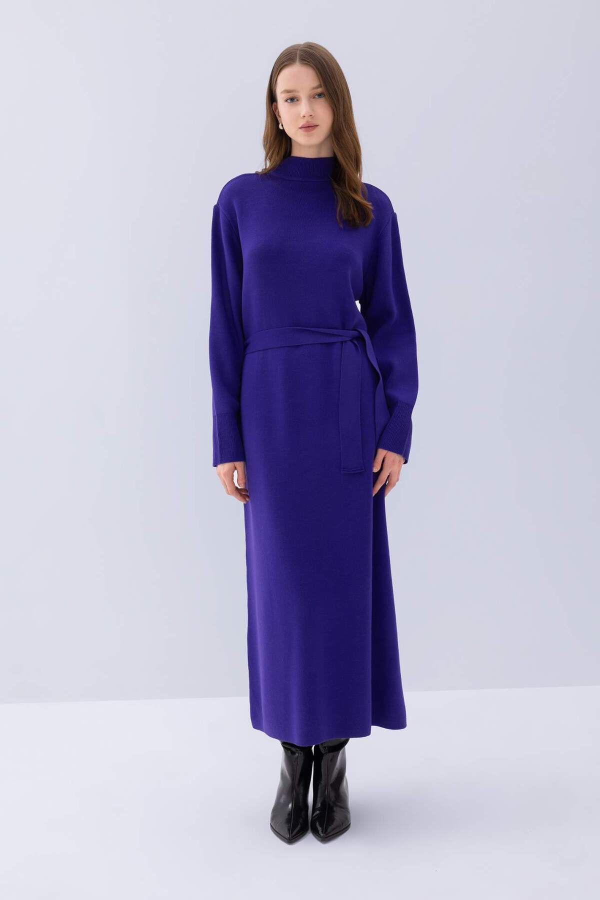 DeFacto-Langärmliges Maxi-Strickkleid mit Rollkragen – Bindedetail, normale Passform D9000AX24WN 3