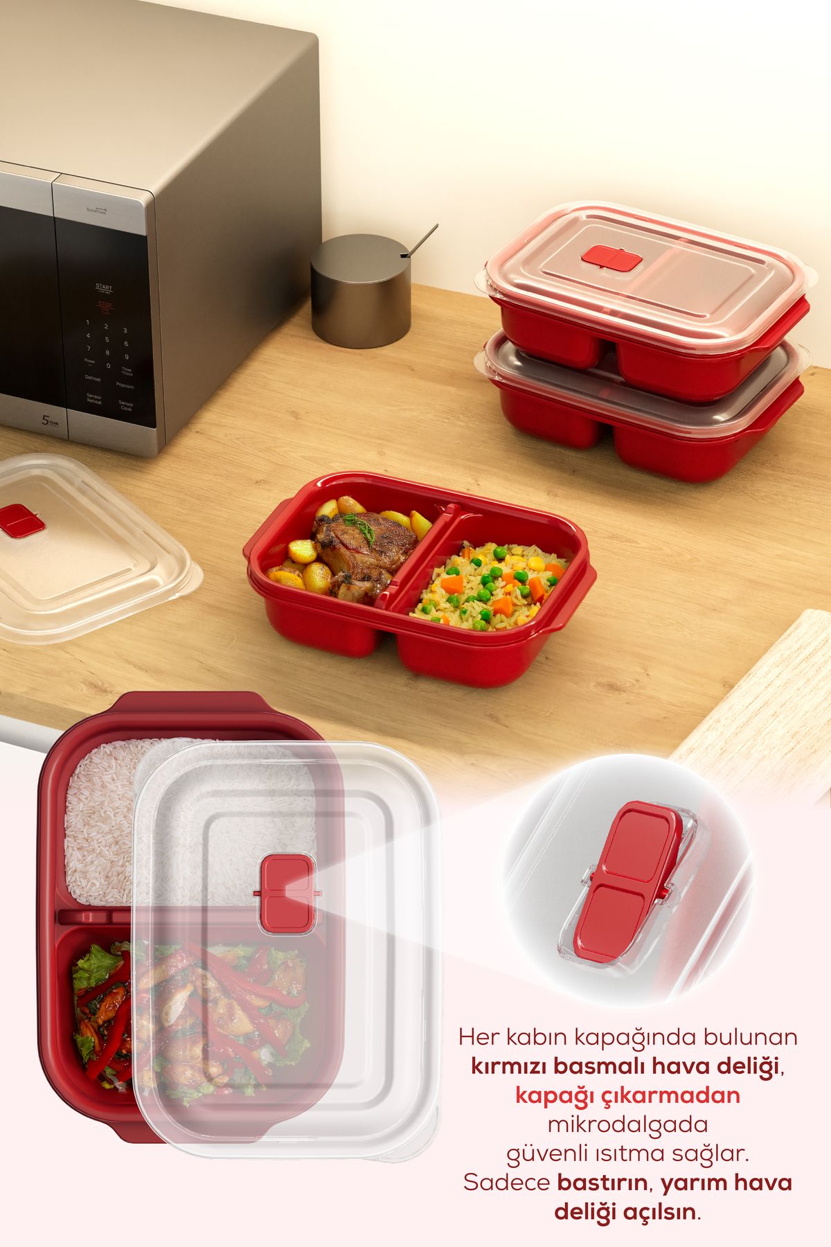 Vienev-Set of 3 Rectangular Storage Containers with Lid and Compartments Suitable for Microwave - 1200 ml 2