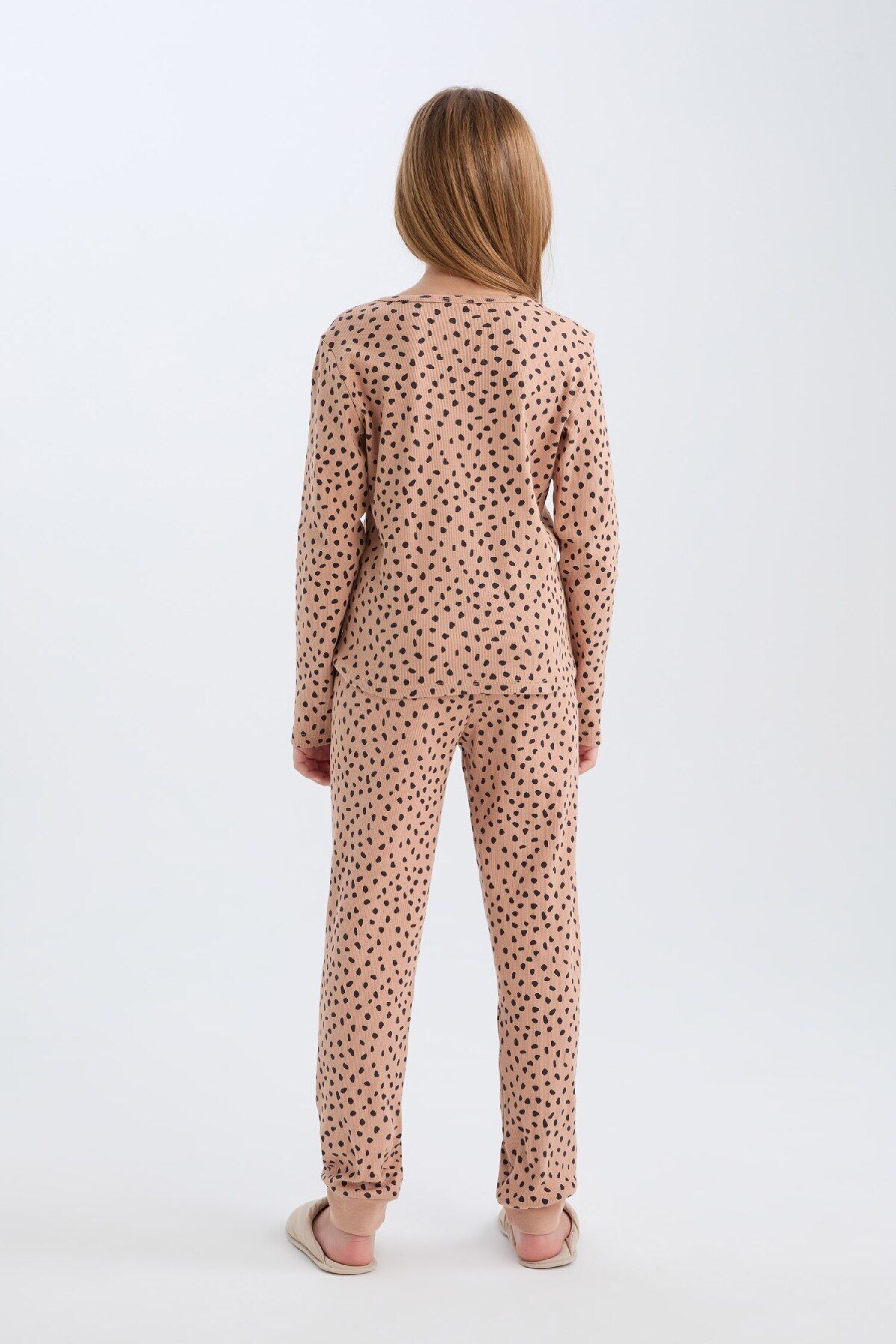 DeFacto-Mädchen-Pyjama-Set mit geripptem Camisole-Print – Rundhalsausschnitt, lange Ärmel, Ober- und Unterteil-Set D7748a8 7