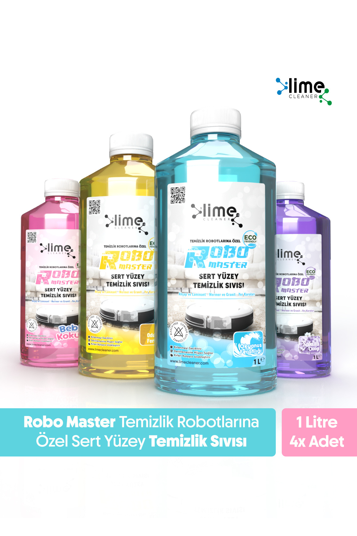Lime Cleaner Robot Süpürge Deterjanı 4'lü – Sakura, Okyanus, Bebek, Odunsu Koku – Tüm Modellerle Uyumlu