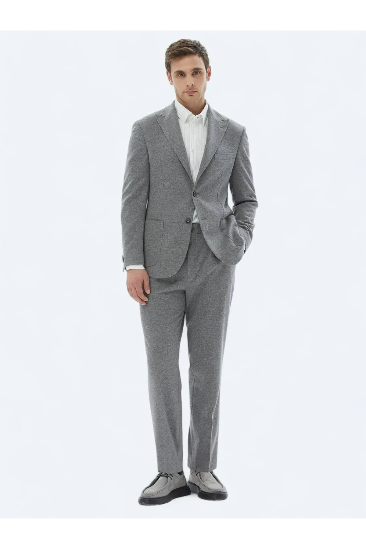 Kip-Modern Fit Gray Patterned Cotton Blended Knitted Suit 2
