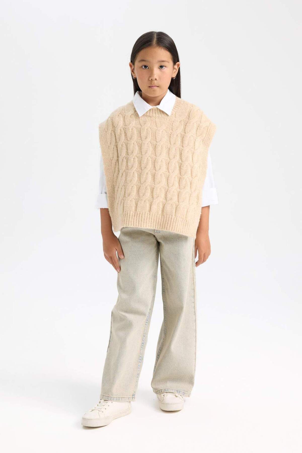 DeFacto-Girl's Crew Neck Hair Braid Patterned Knitwear Sweater C9659A824Wn 2