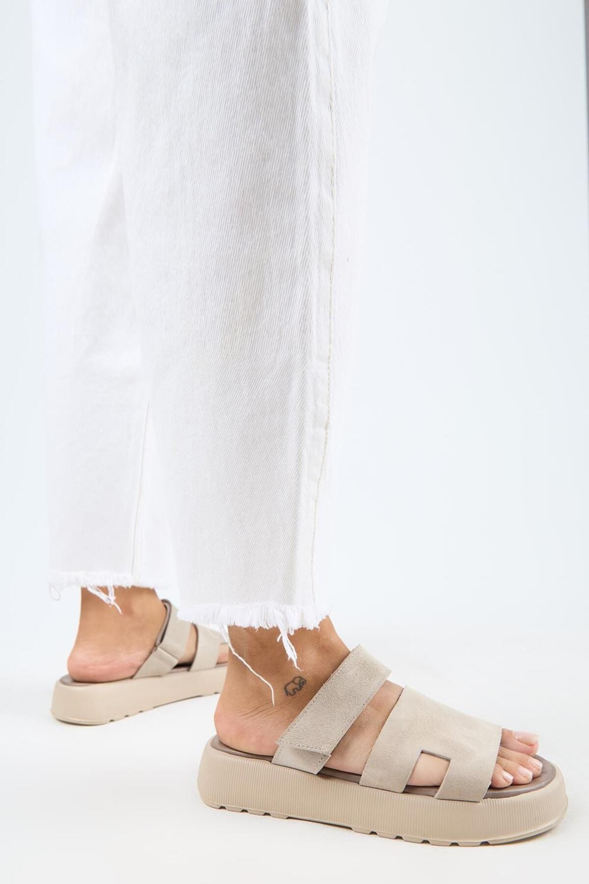 Manijero-Γυναικείες παντόφλες Seina από γνήσιο δέρμα Velcro Beige 1