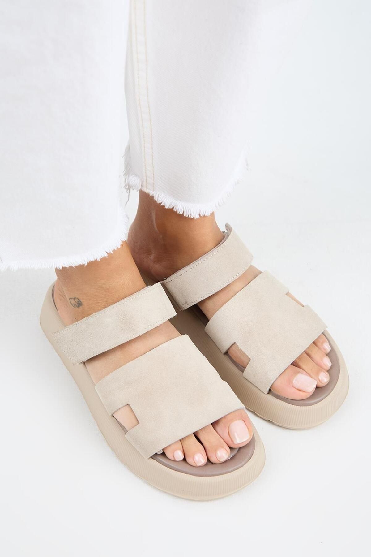 Manijero-Γυναικείες παντόφλες Seina από γνήσιο δέρμα Velcro Beige 3