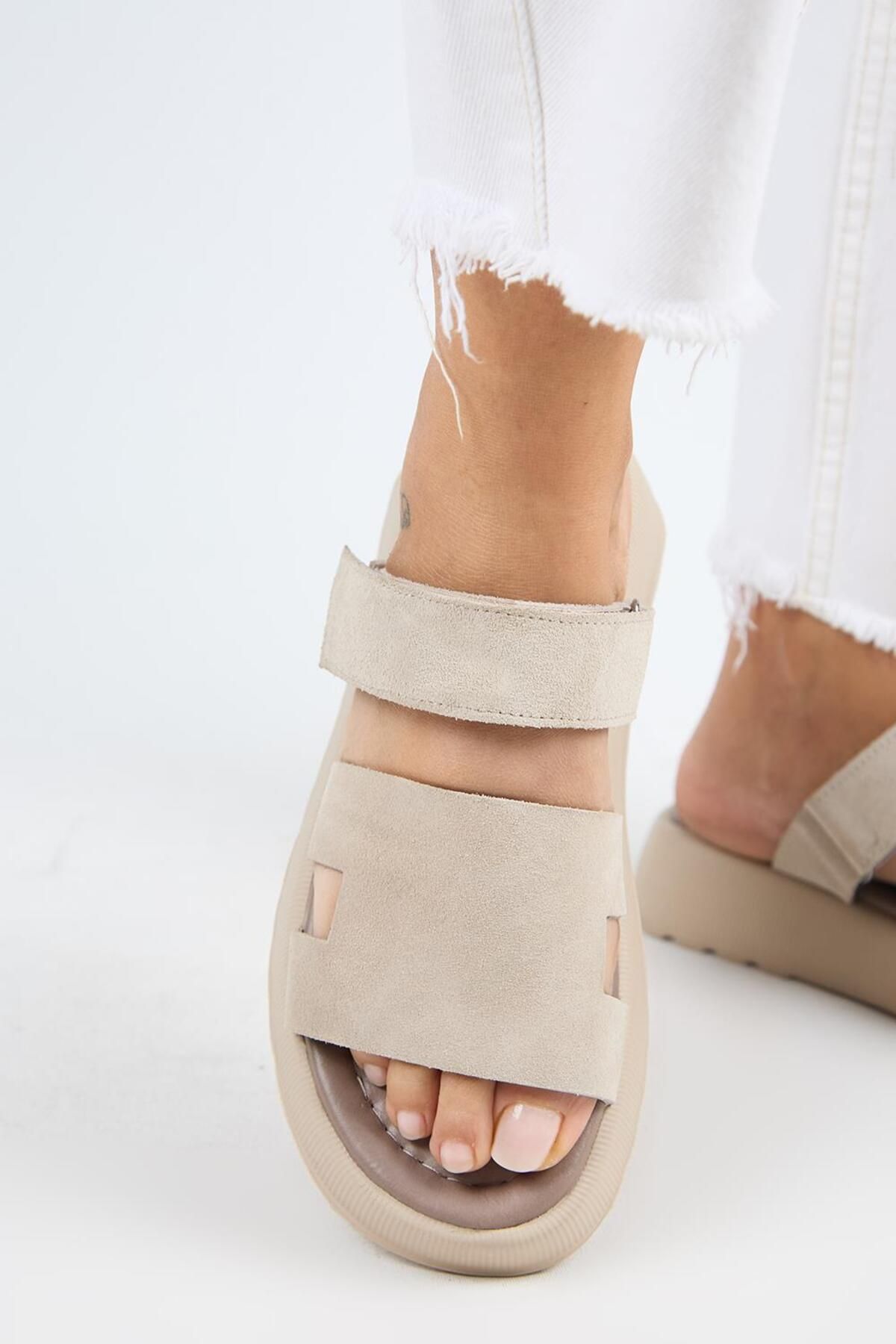 Manijero-Γυναικείες παντόφλες Seina από γνήσιο δέρμα Velcro Beige 6