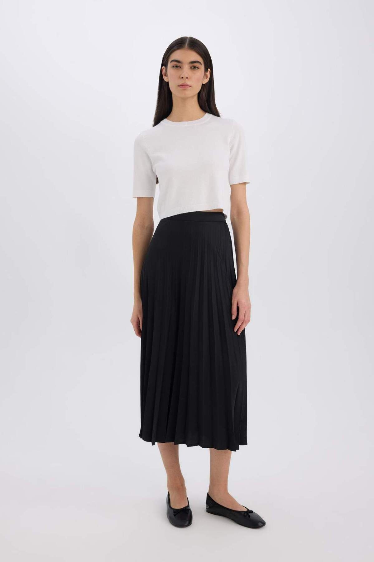 DeFacto-A-Line High Waist Pleated Basic Plain Satin Maxi Skirt D2871Ax24Au 3