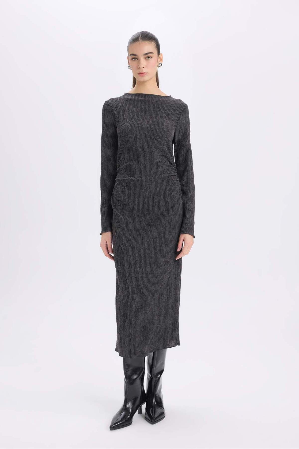 Bodycon Vücudu Saran Yarım Balıkçı Yaka Basic Düz Bürümcük Uzun Kollu Midi Elbise D8643ax24au