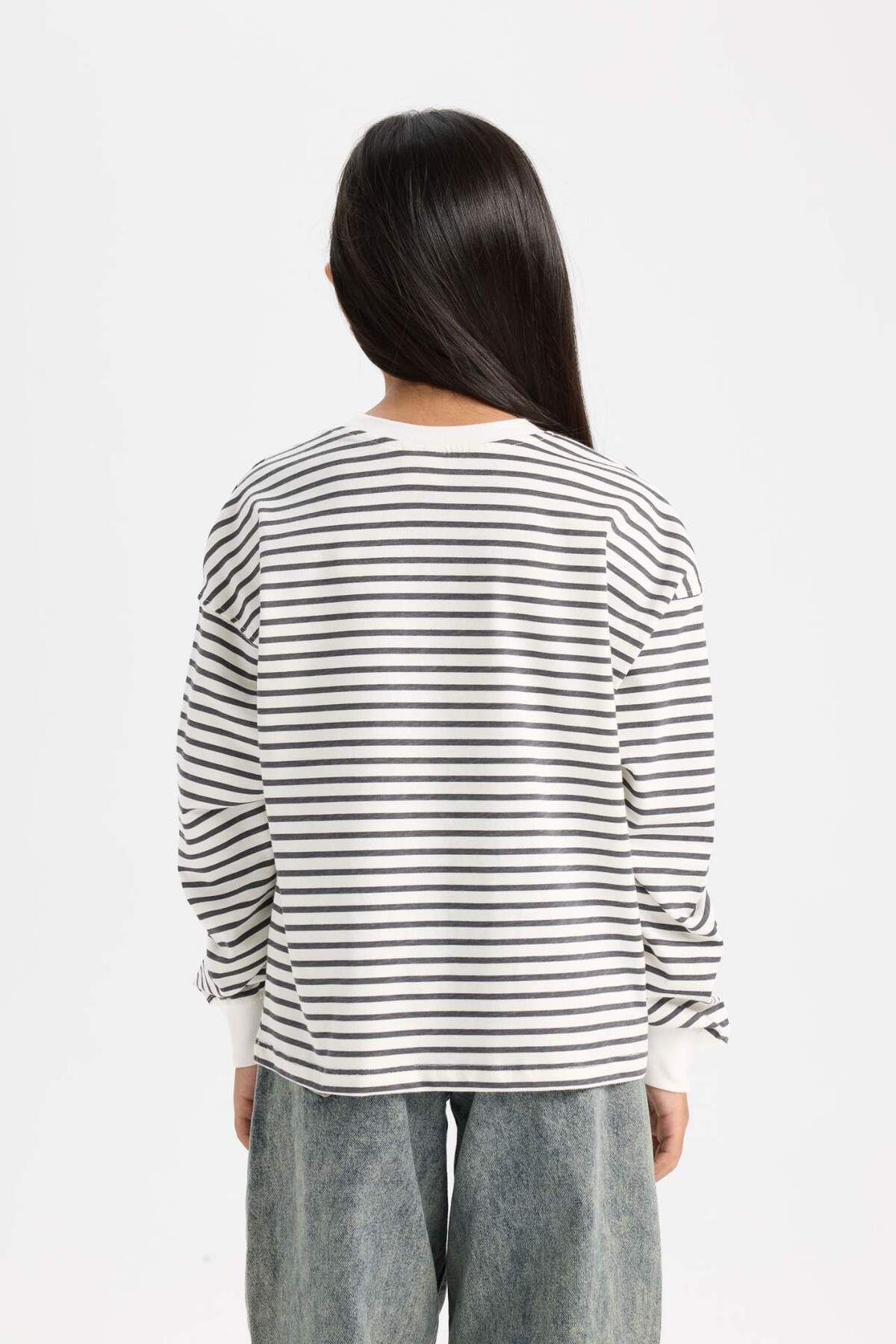 DeFacto-Girl's Relax Fit Crew Neck Striped Sweatshirt D6503A8Ns 5