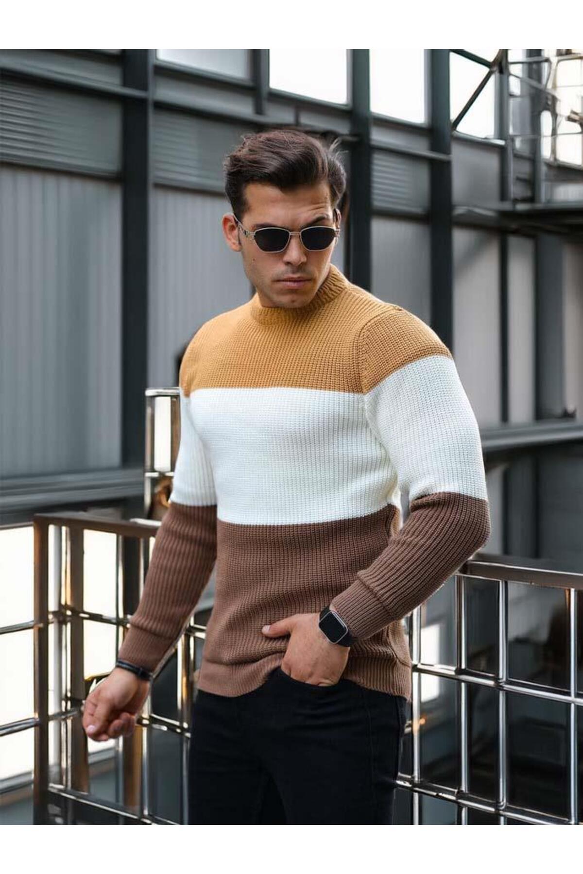Valiberta-Beige Crew Neck Men's Sweater - Piece Patterned 3