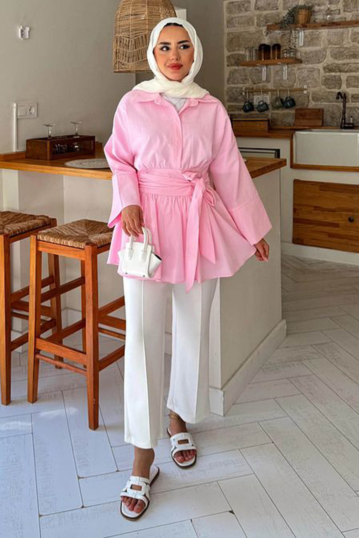 Tesettür Diyarı  Kadın Bağlama Detaylı Rozi Gömlek - Pembe - Görsel 3