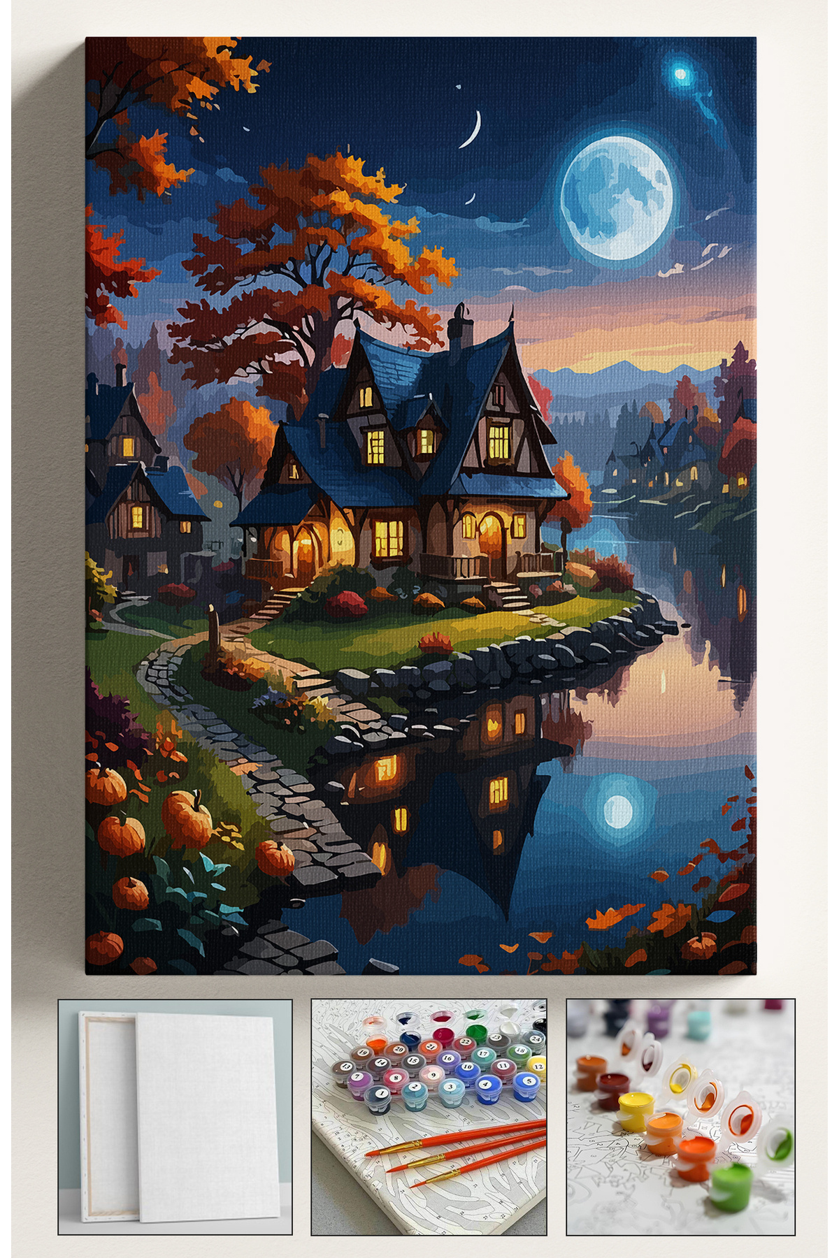 Corvo Sayılarla Boyama Çerçeveli Hobi Seti Numaralı Tuval Fırça Boya Dahil Kasnaklı 40X50 Cm  AY IŞIĞI GÖL