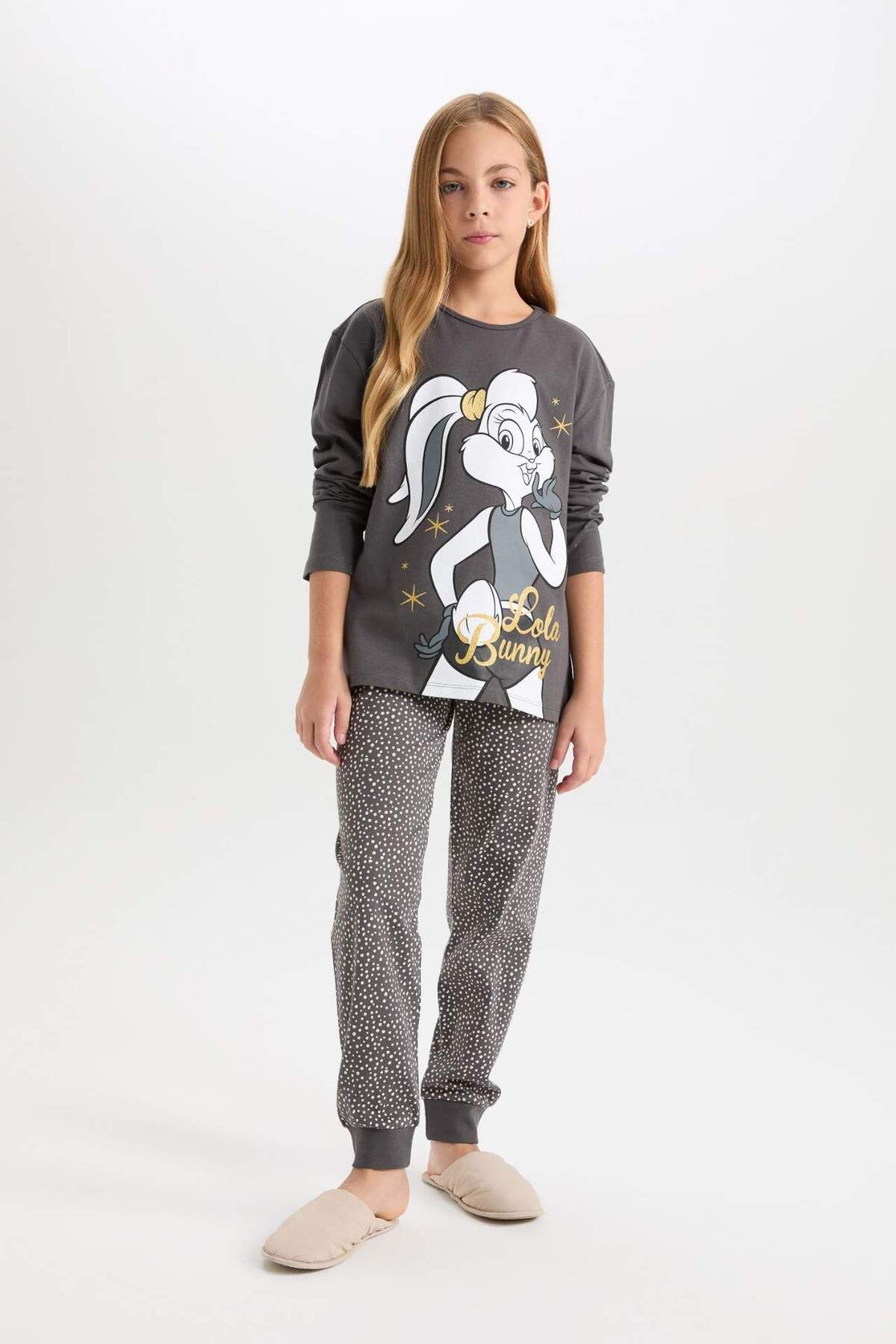 DeFacto-Mädchen-Pyjama-Set Looney Tunes Langarm-Oberteil mit elastischem Bund und langem Unterteil D6657A824WN 1