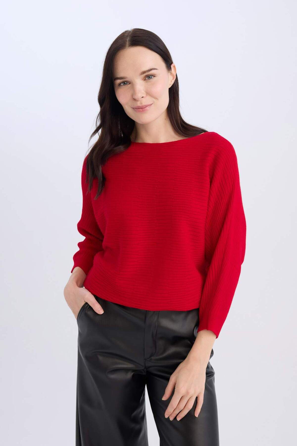 DeFacto-Roter Basic-Strickpullover mit U-Boot-Ausschnitt und Fledermausärmeln D7670AX24AU 3
