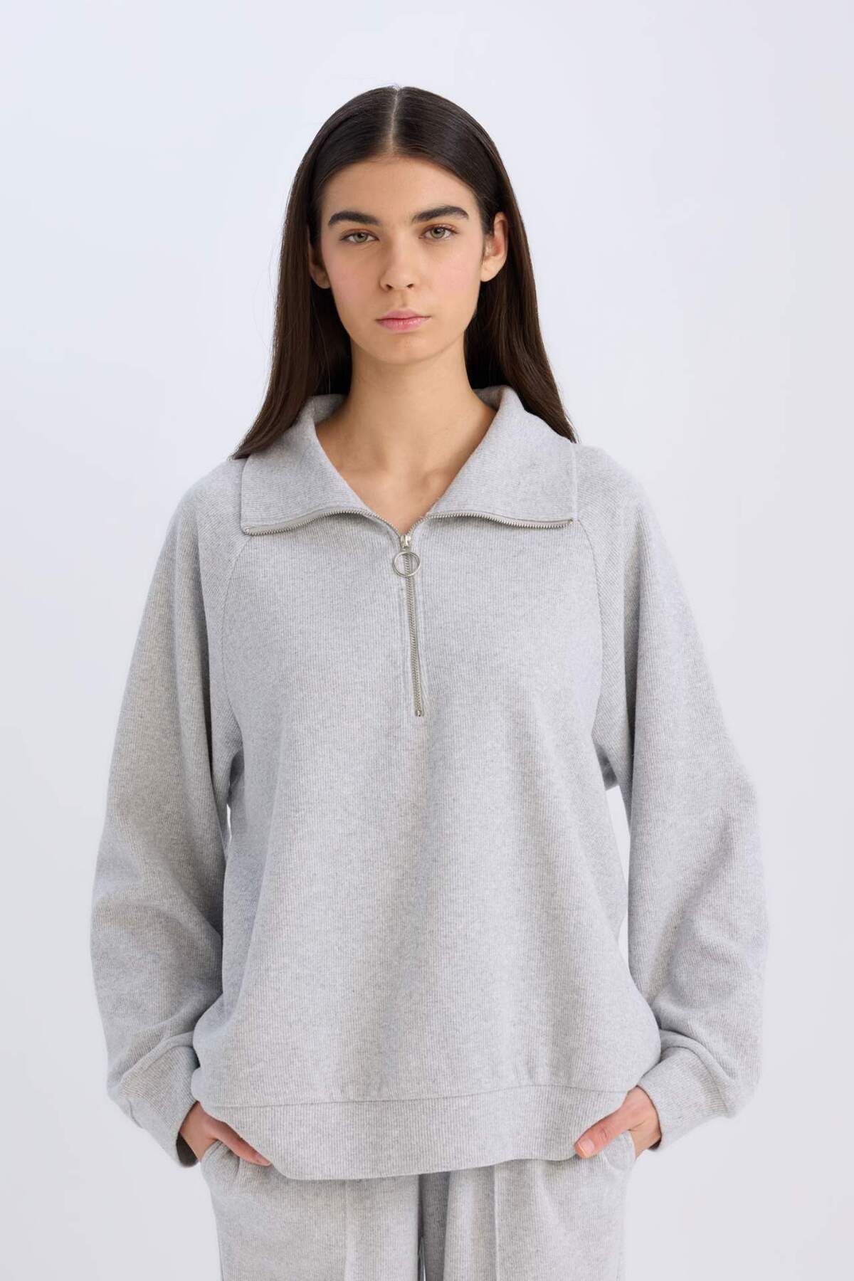 DeFacto-Regular Fit Half Zipper Stand Collar Basic Plain Sweatshirt D9009Ax24Wn 4