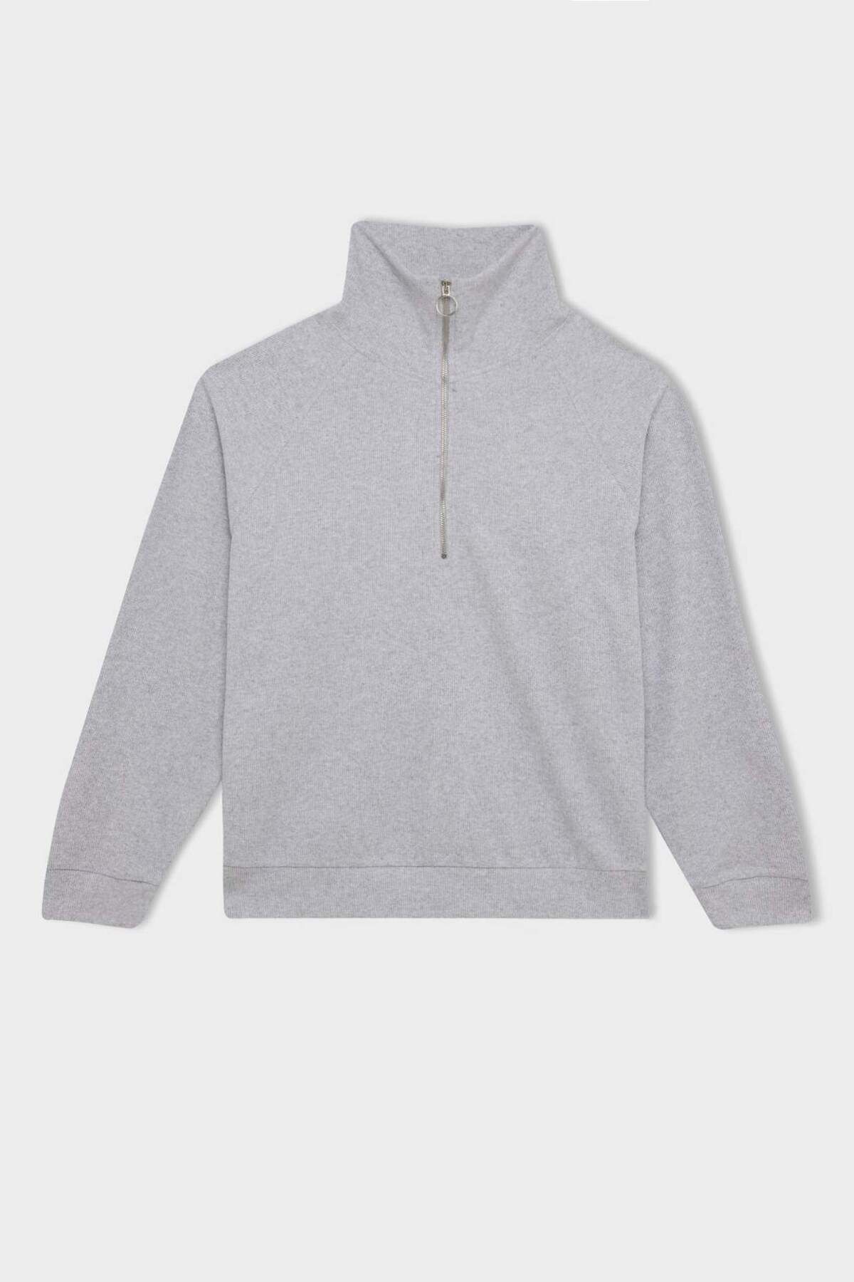 DeFacto-Regular Fit Half Zipper Stand Collar Basic Plain Sweatshirt D9009Ax24Wn 7