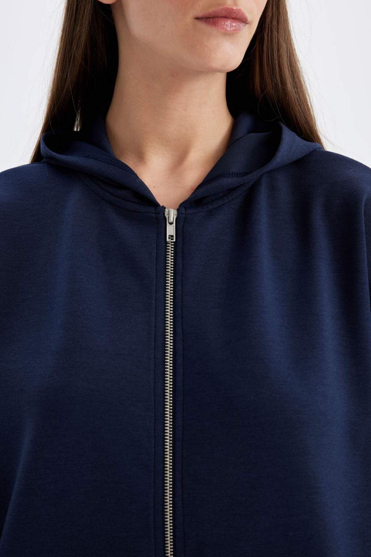 DeFacto-Oversize Wide Fit Hooded Basic Plain Skuba Diver Fabric Zippered Sweatshirt with Pockets C6871Ax24Au 5