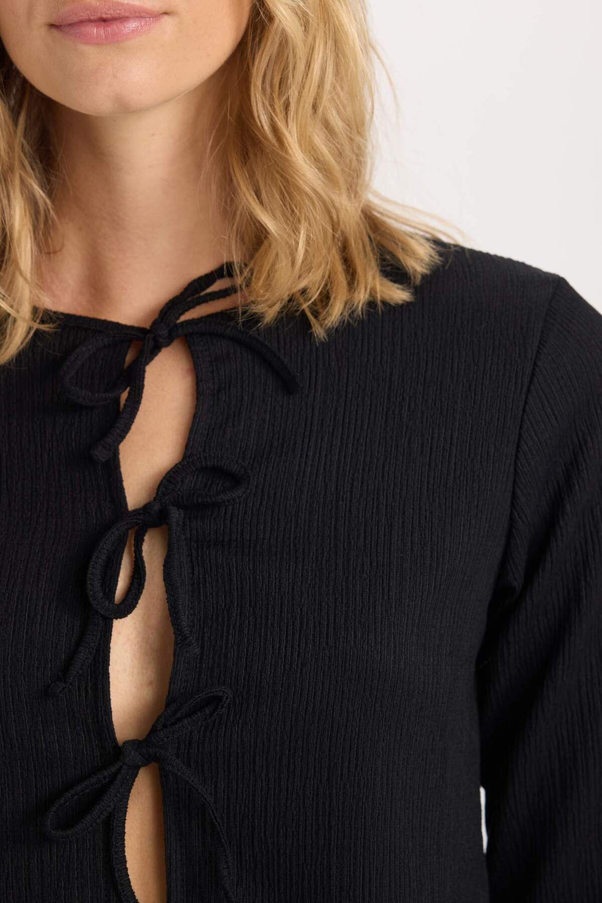 DeFacto-Regular Fit Rundhalsausschnitt Basic Plain Twist Langarm-Cardigan mit Schnürung vorne D6296AX24AU 5