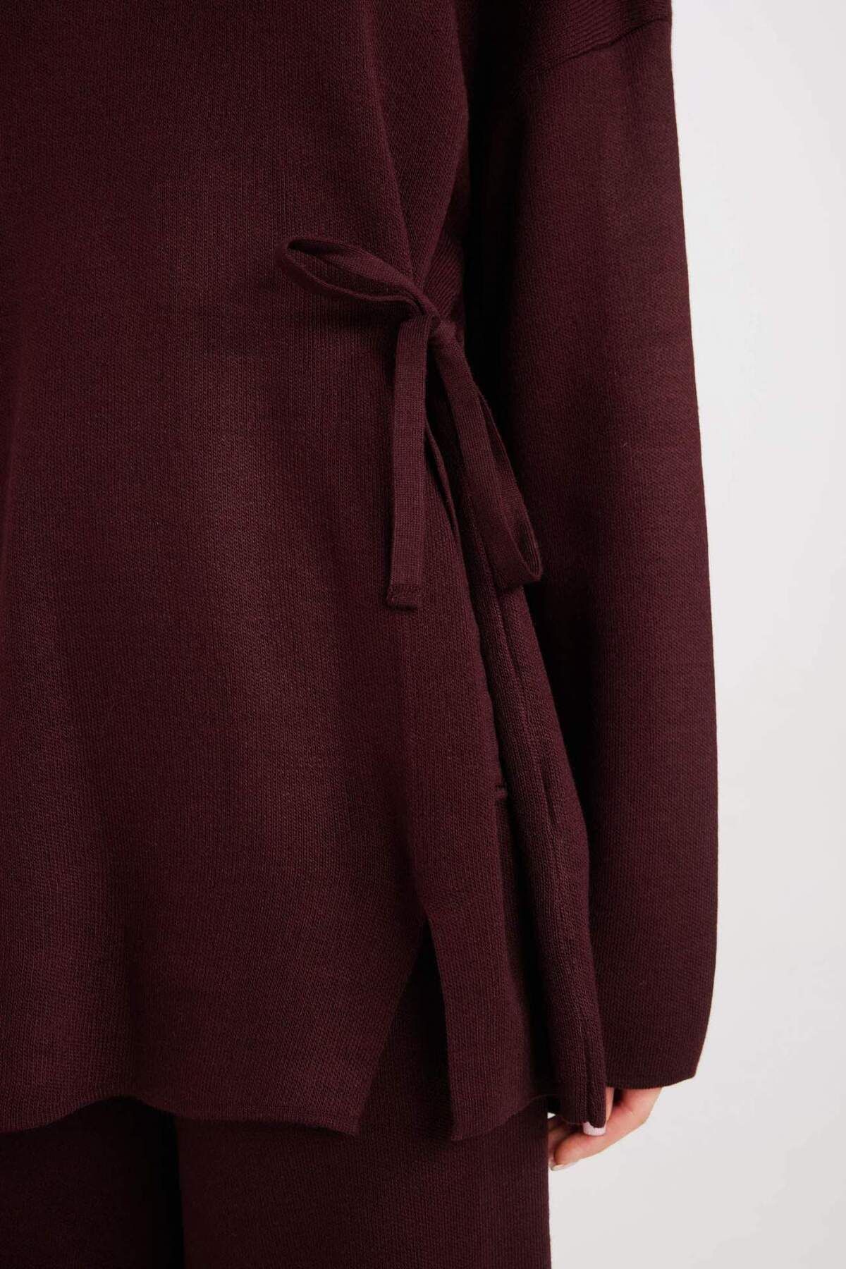 DeFacto-Regulär Fit Rundhalsausschnitt Bindeband Basic Unifarbene Strickpullover Tunika D7508AX24WN 7