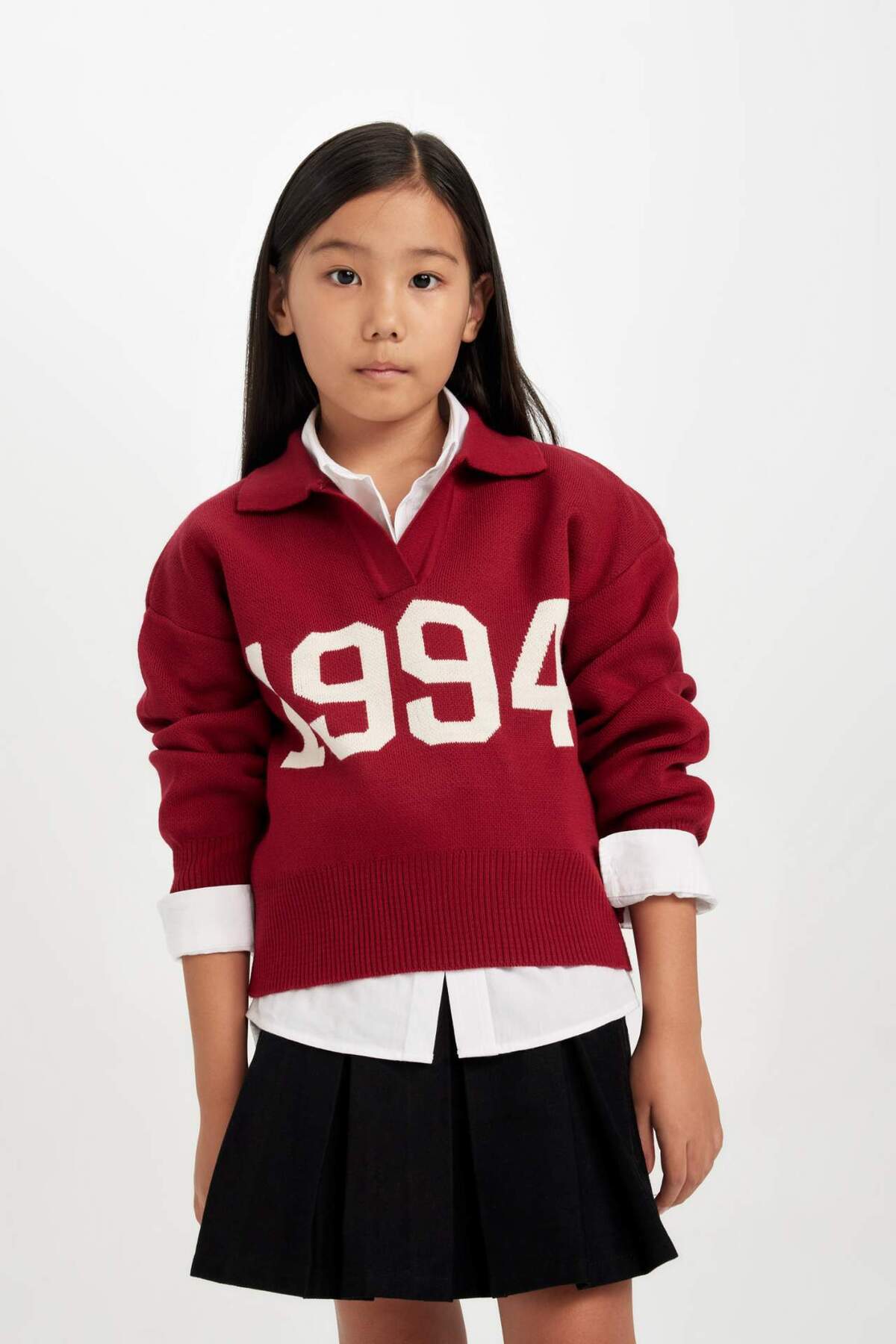 DeFacto-Mädchen Kind Schule Rot Polo Kragen Strick Pullover C9666A824WN 3