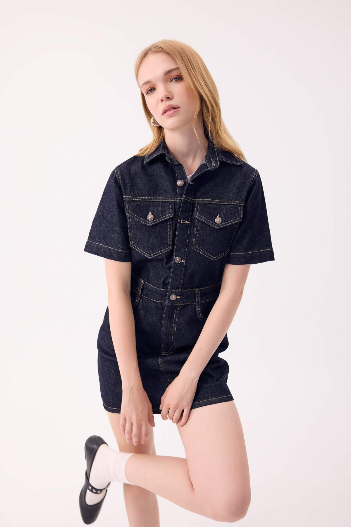 Fashion Fit Gömlek Yaka Cepli Kısa Kollu Midi Jean Elbise D5809ax24wn