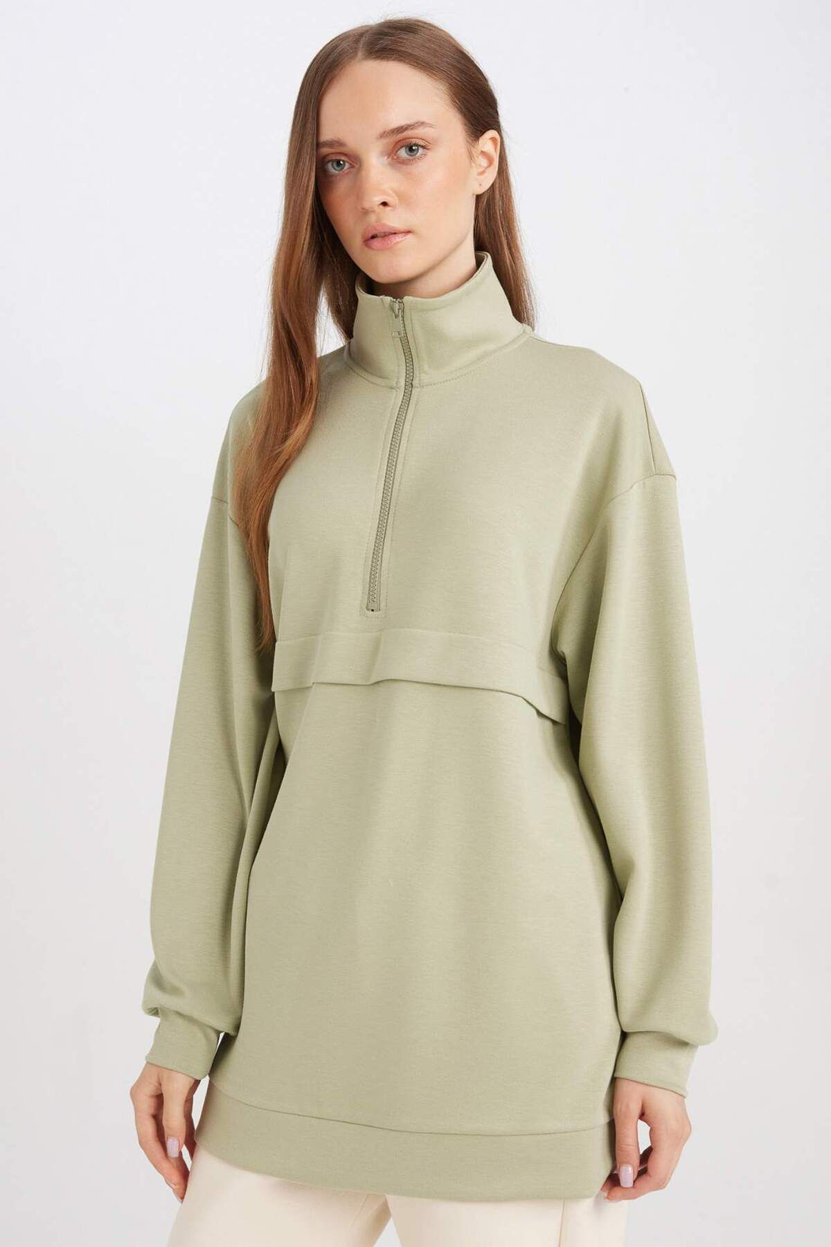 DeFacto-Half Zipper Stand Collar Basic Plain Sweatshirt Tunic D1615Ax24Au 1