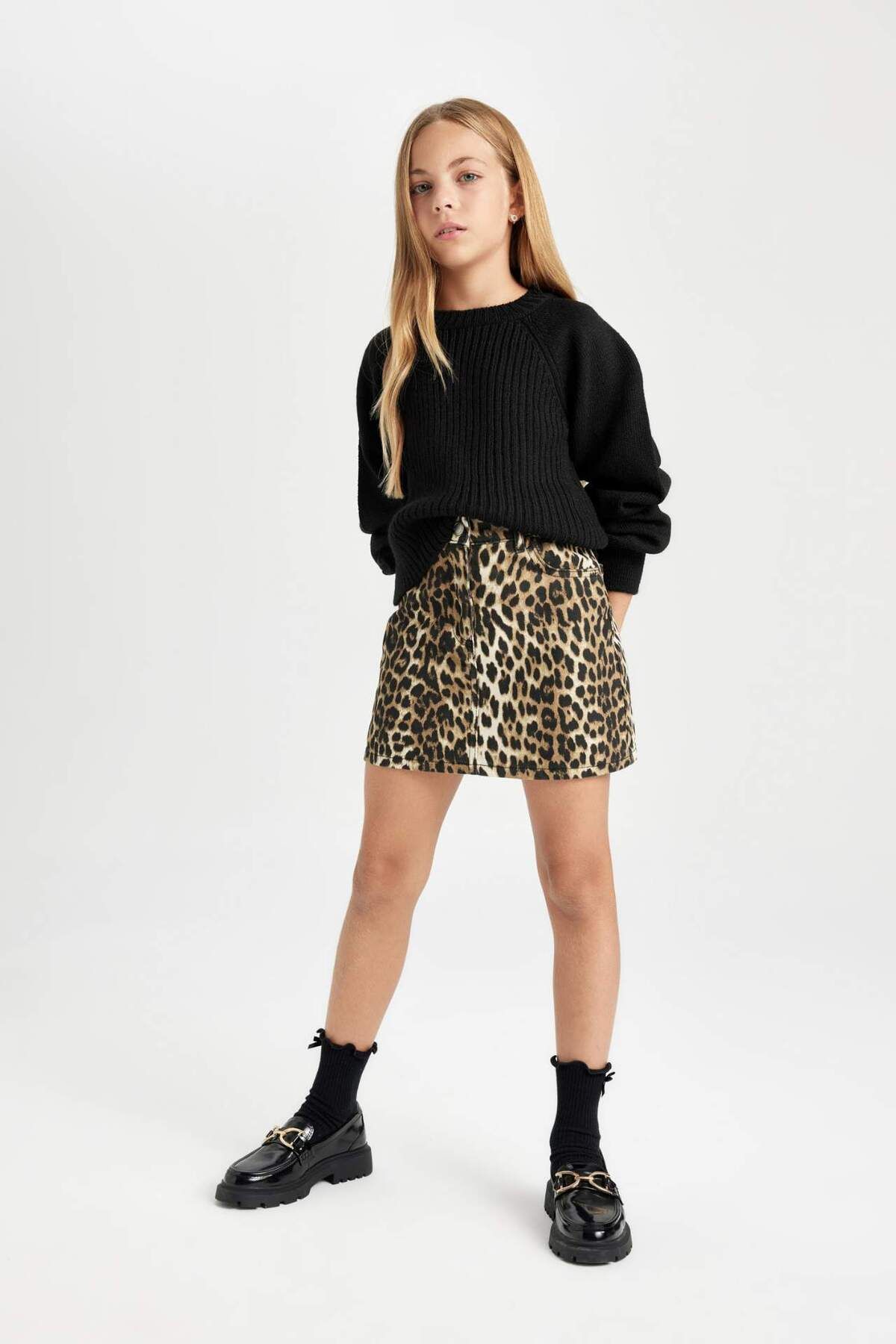 DeFacto-Girl's Leopard Patterned Pocketed Gabardine Skirt D5241A824Wn 2