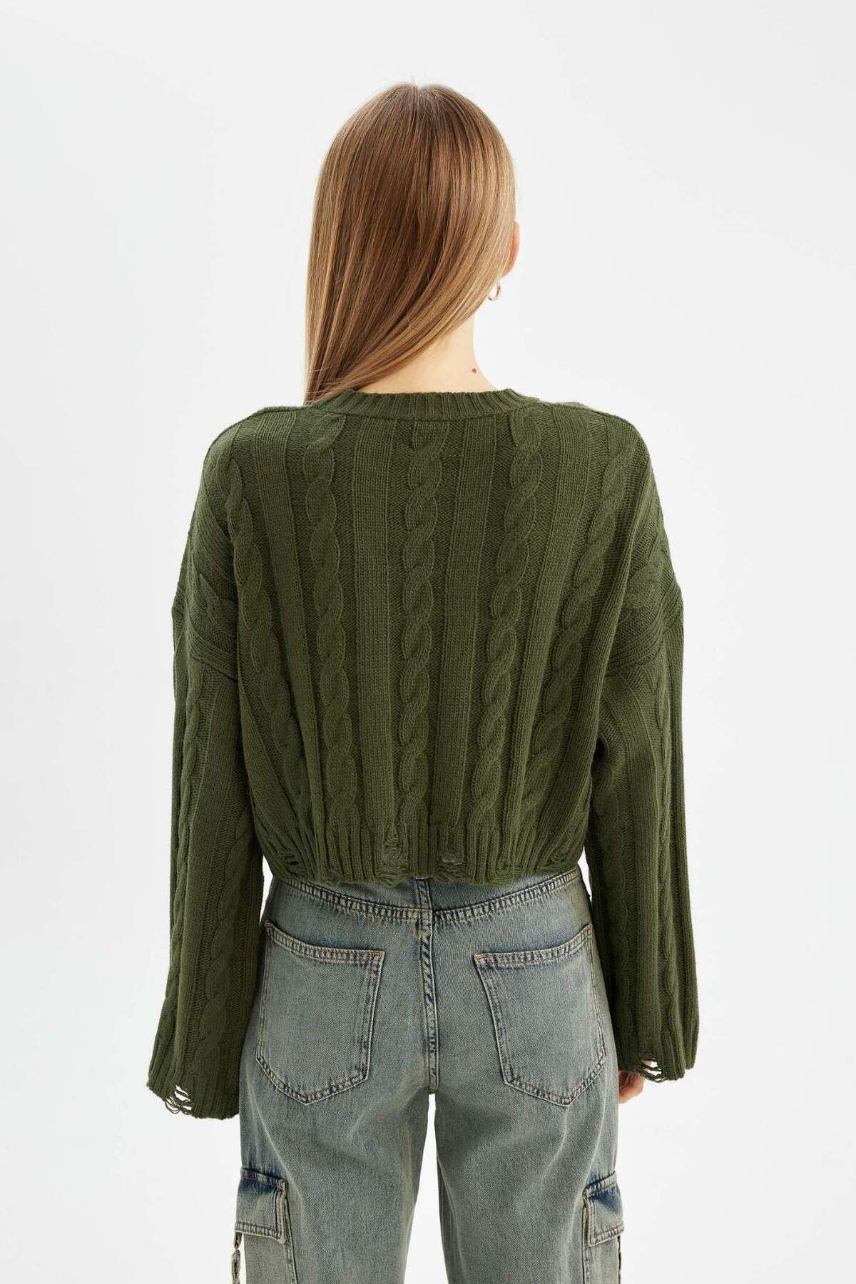 DeFacto-Regular Fit Rundhals Zopfstrickpullover A8151AX24WN 5