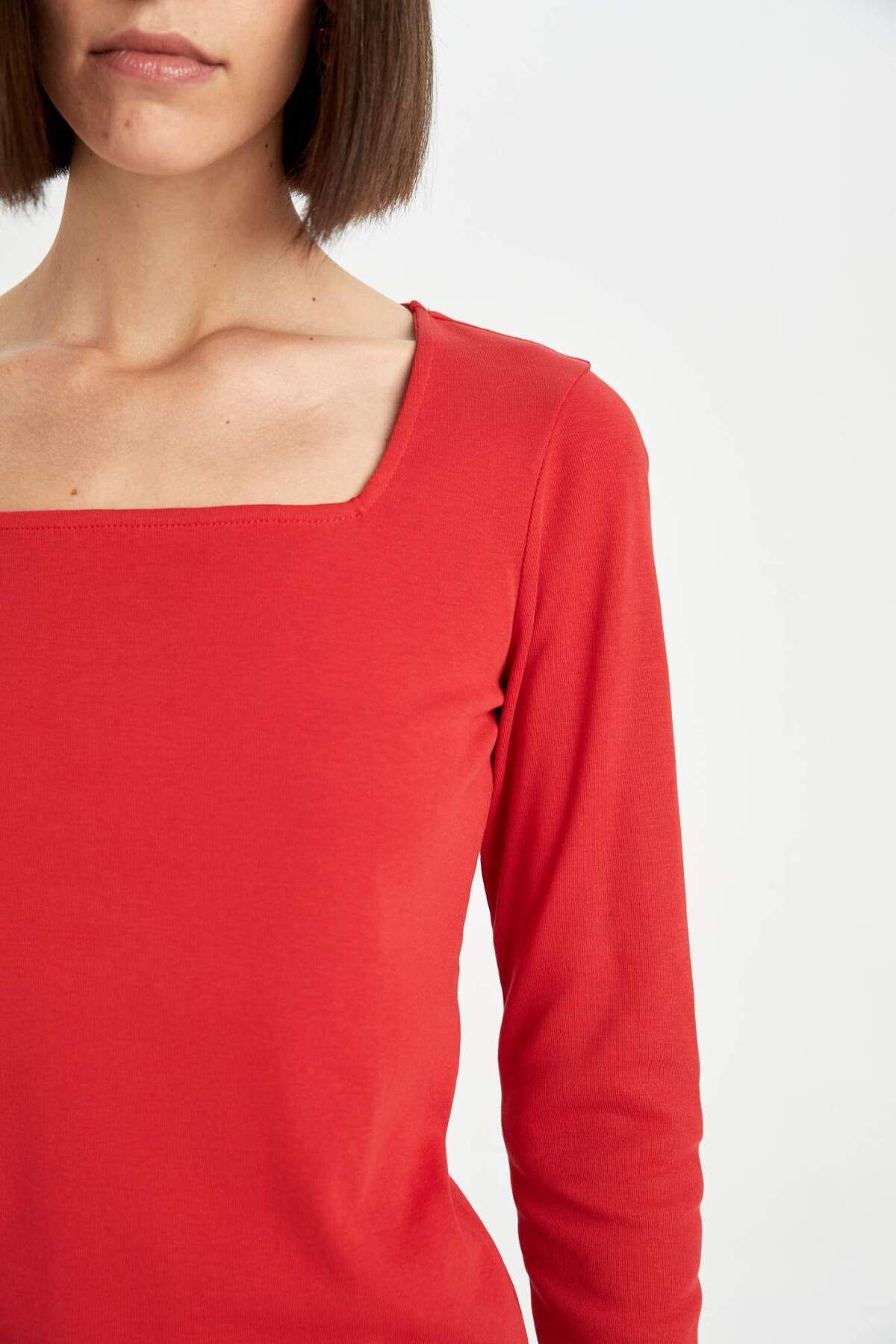 DeFacto-Regular Fit Square Neck Basic Plain Ribbed Camisole Long Sleeve Red T-Shirt D7506Ax24Au 5