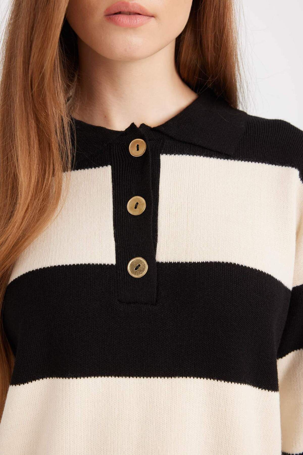 DeFacto-Regular Fit Polo Collar Buttoned Striped Sweater Tunic D2442Ax24Wn 5