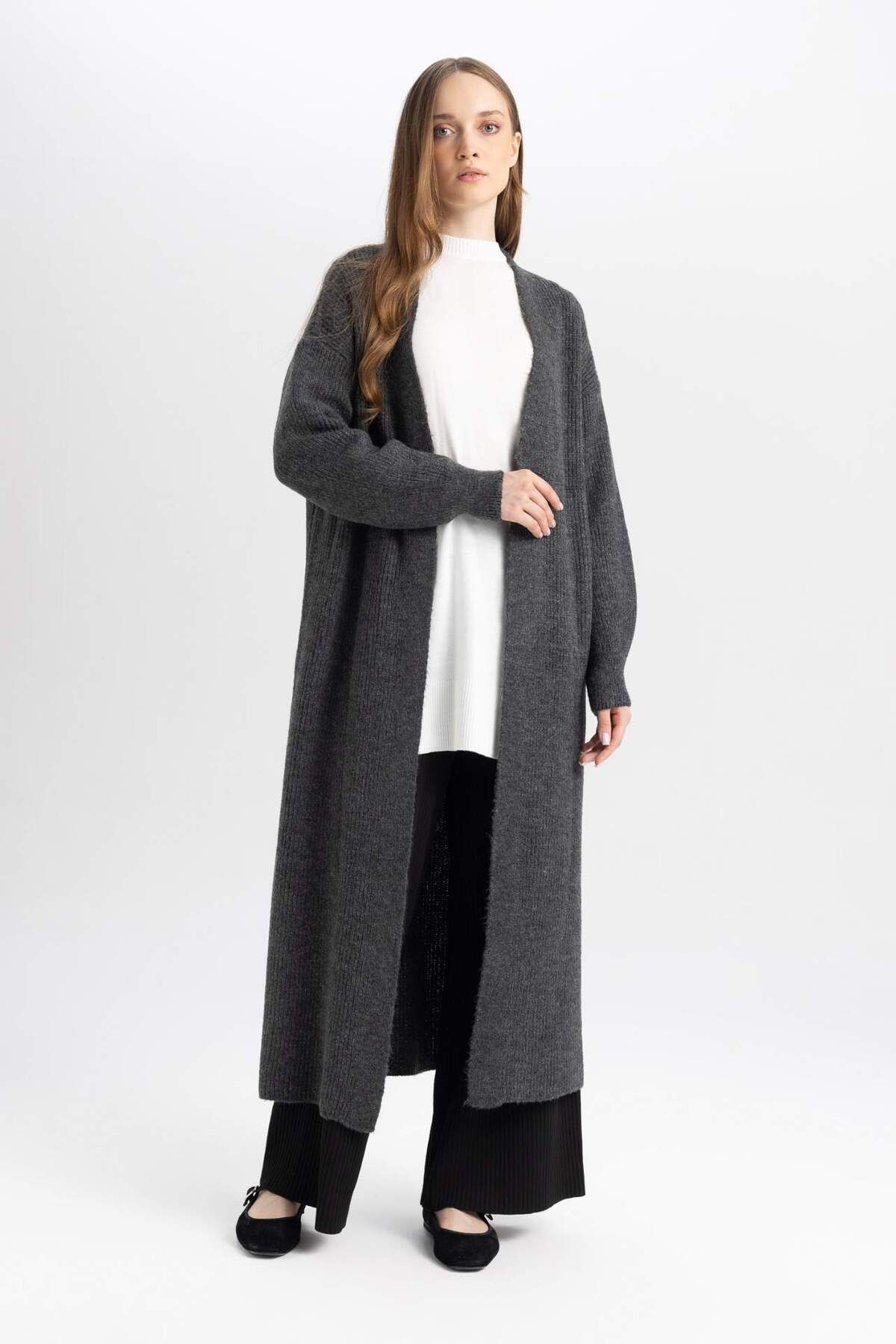 DeFacto-Regular Fit Basic Unifarbene Lange Strickjacke D4367AX24WN 3