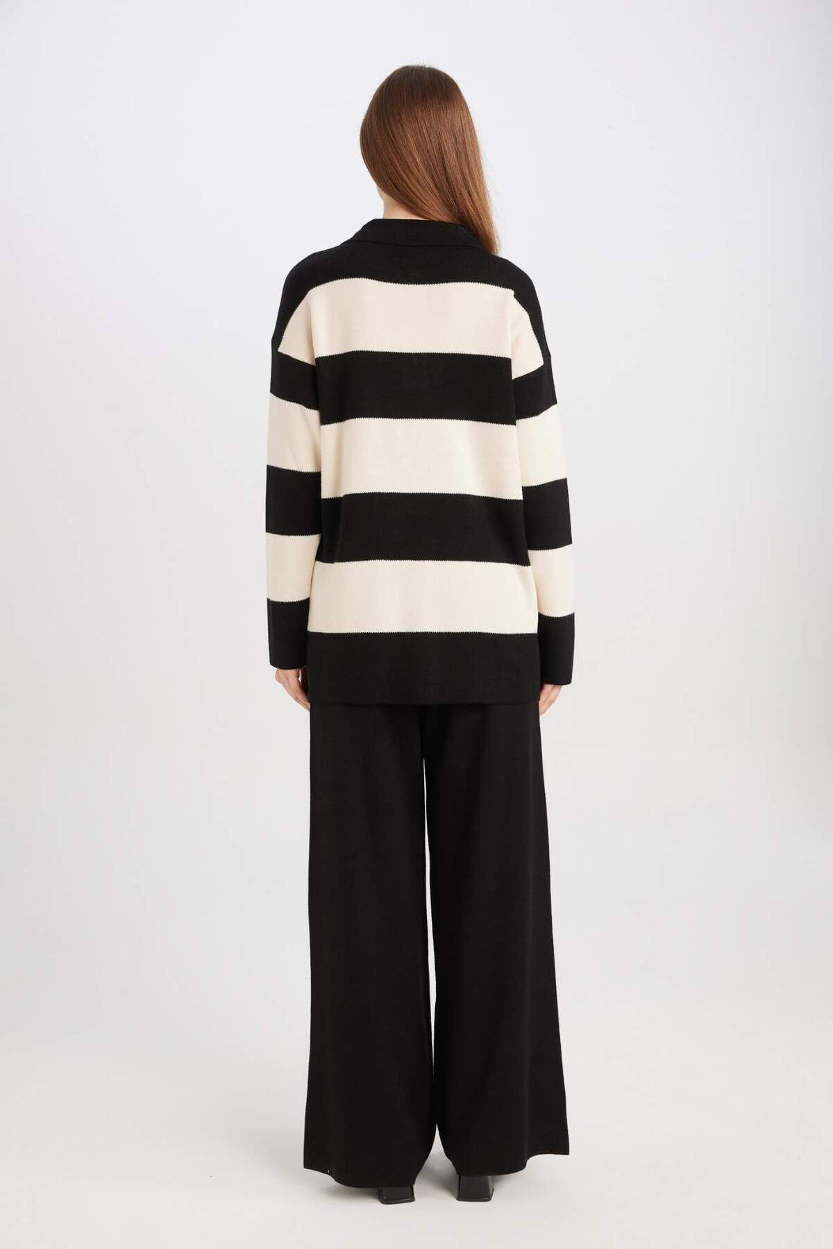 DeFacto-Regular Fit Polo Collar Buttoned Striped Sweater Tunic D2442Ax24Wn 7