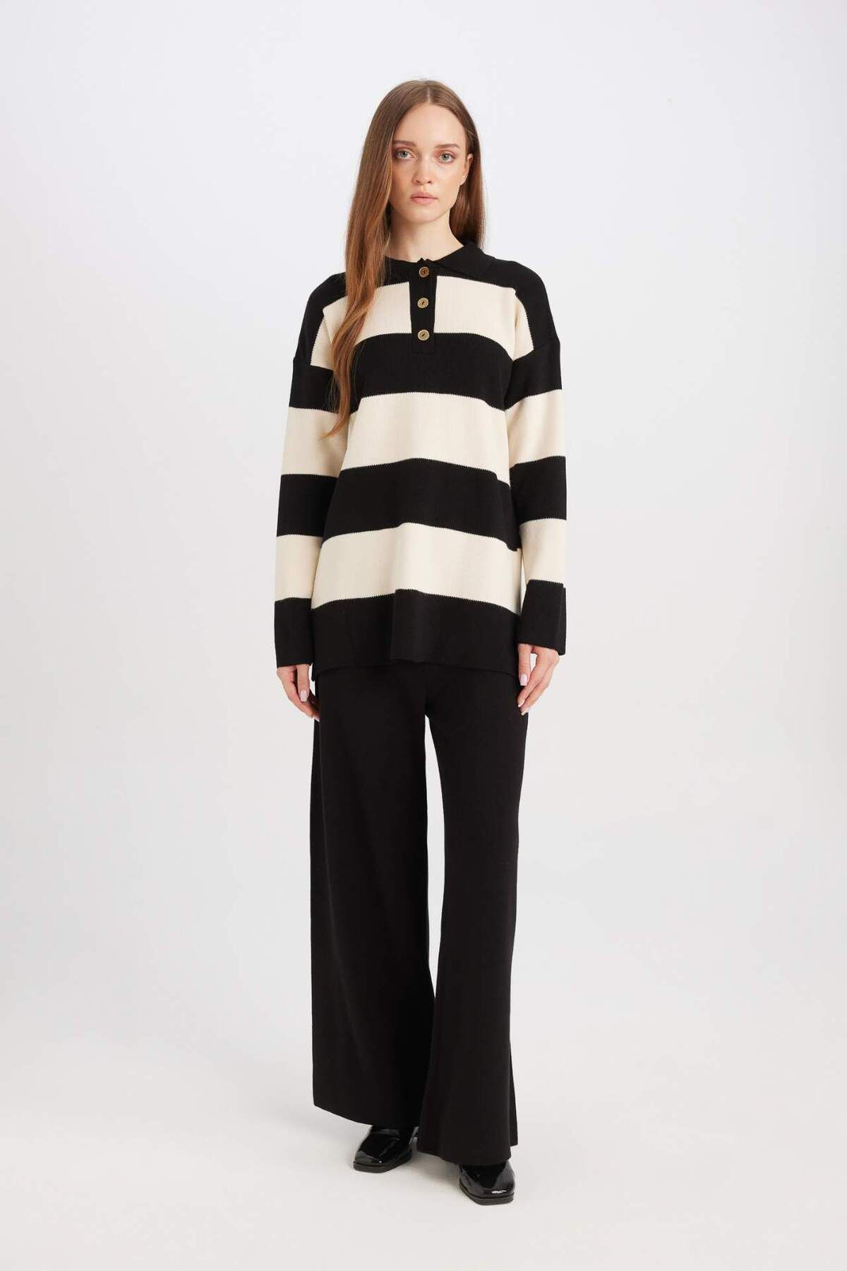 DeFacto-Regular Fit Polo Collar Buttoned Striped Sweater Tunic D2442Ax24Wn 2