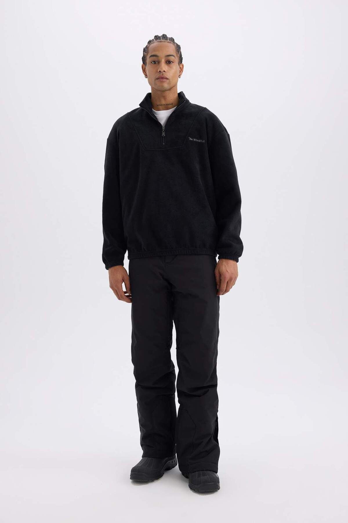 DeFacto-Comfort Regular Fit Comfortable Fit Zippered Stand Collar Printed Fleece Sweatshirt 3113195 4
