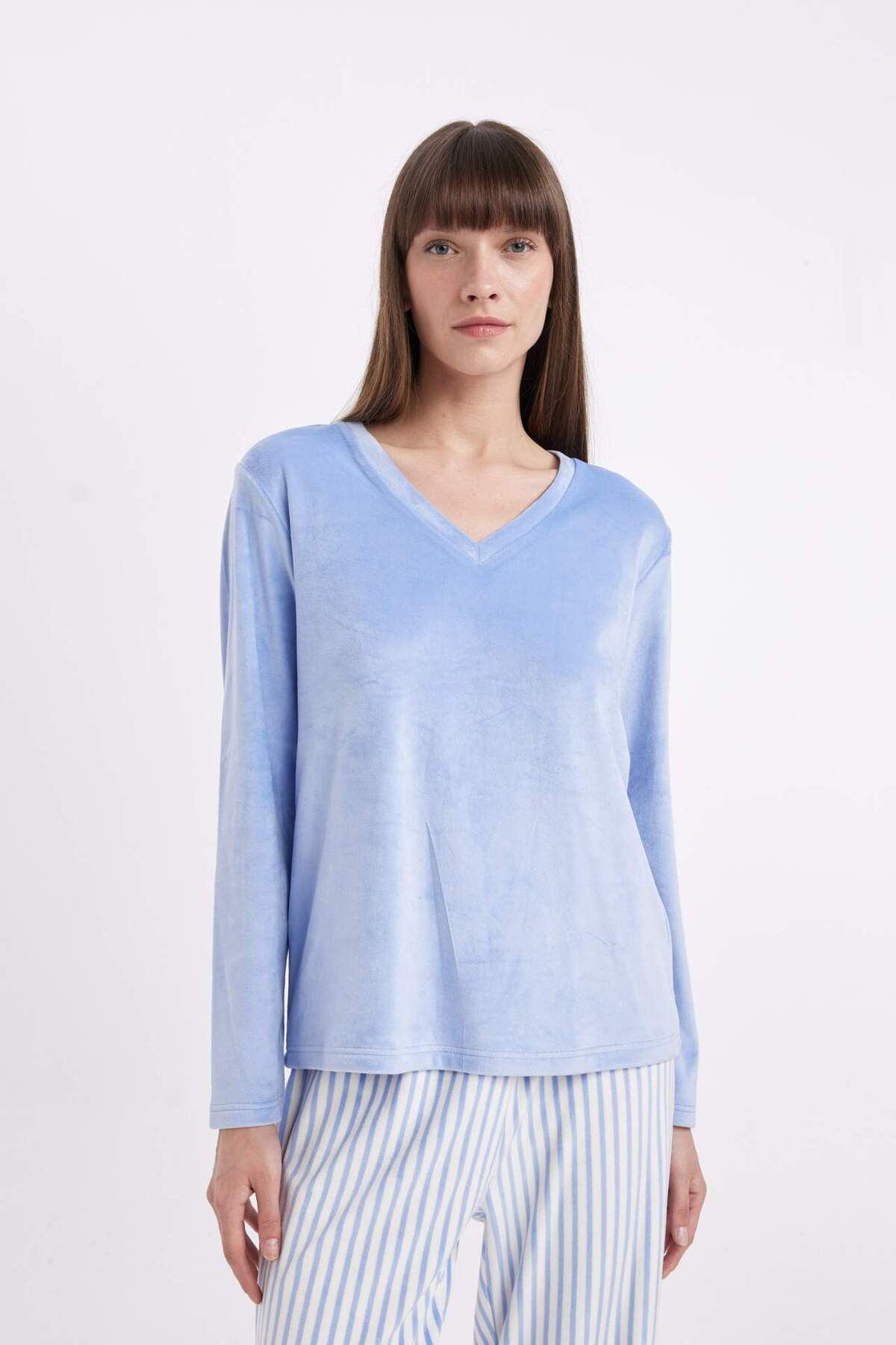 DeFacto-Set pijamale Fall in Love Decolteu în V Basic Solid Mâneci lungi Velur Top cu dungi Talie elastică Partea de jos A6205AX2 4