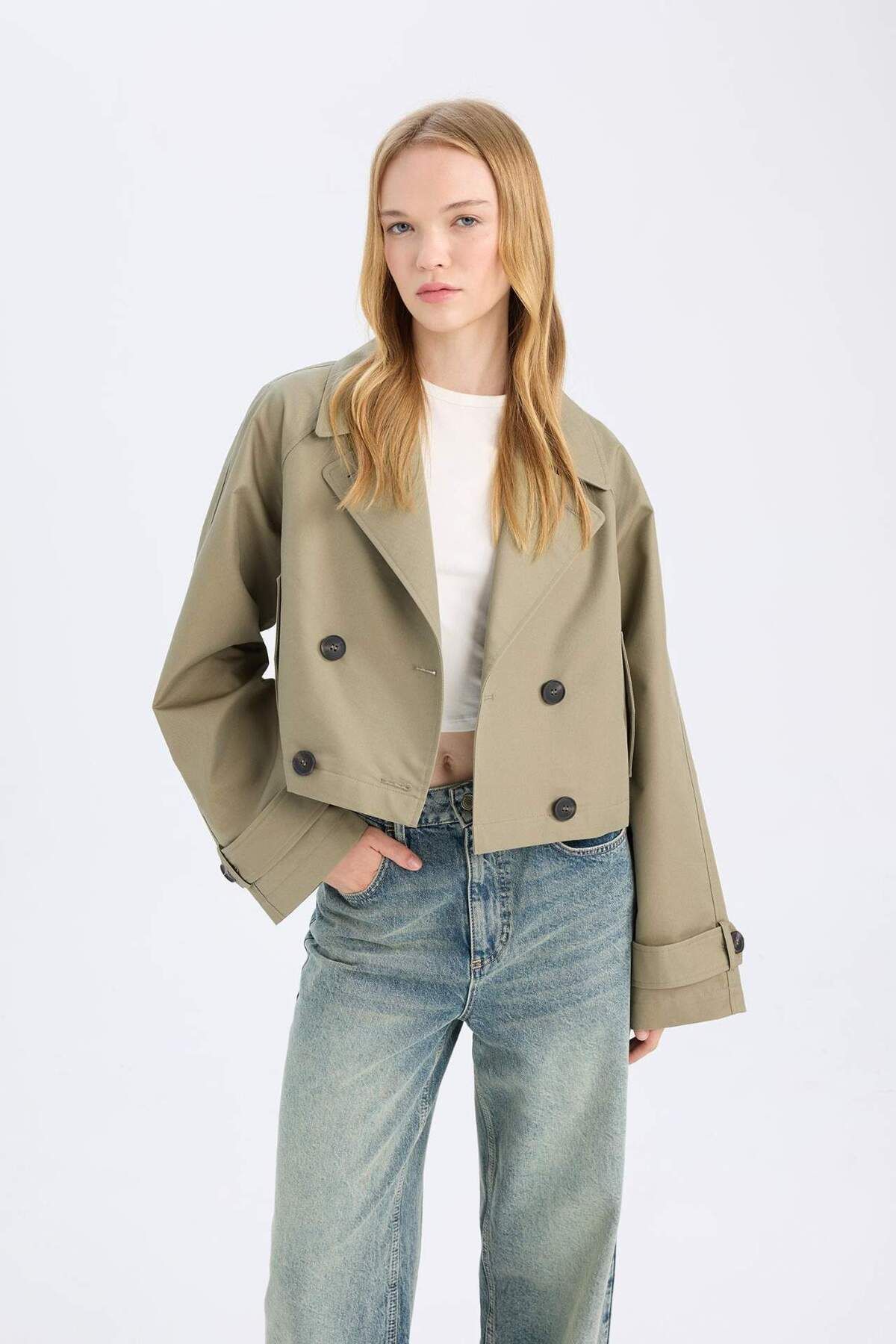 DeFacto-Regular Fit Short Trench Coat Tuxedo Collar Button Cotton D5949Ax24Au 6