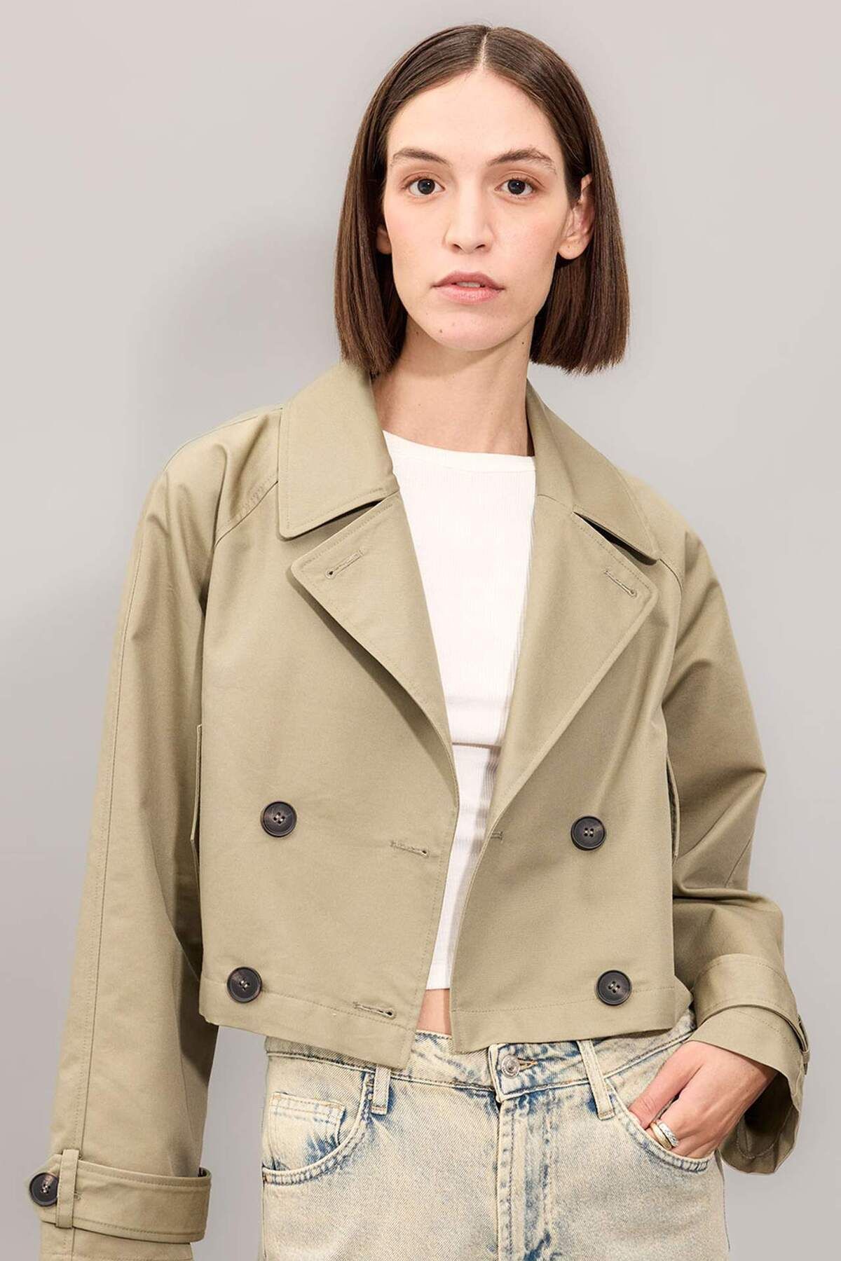 DeFacto-Regular Fit Short Trench Coat Tuxedo Collar Button Cotton D5949Ax24Au 1