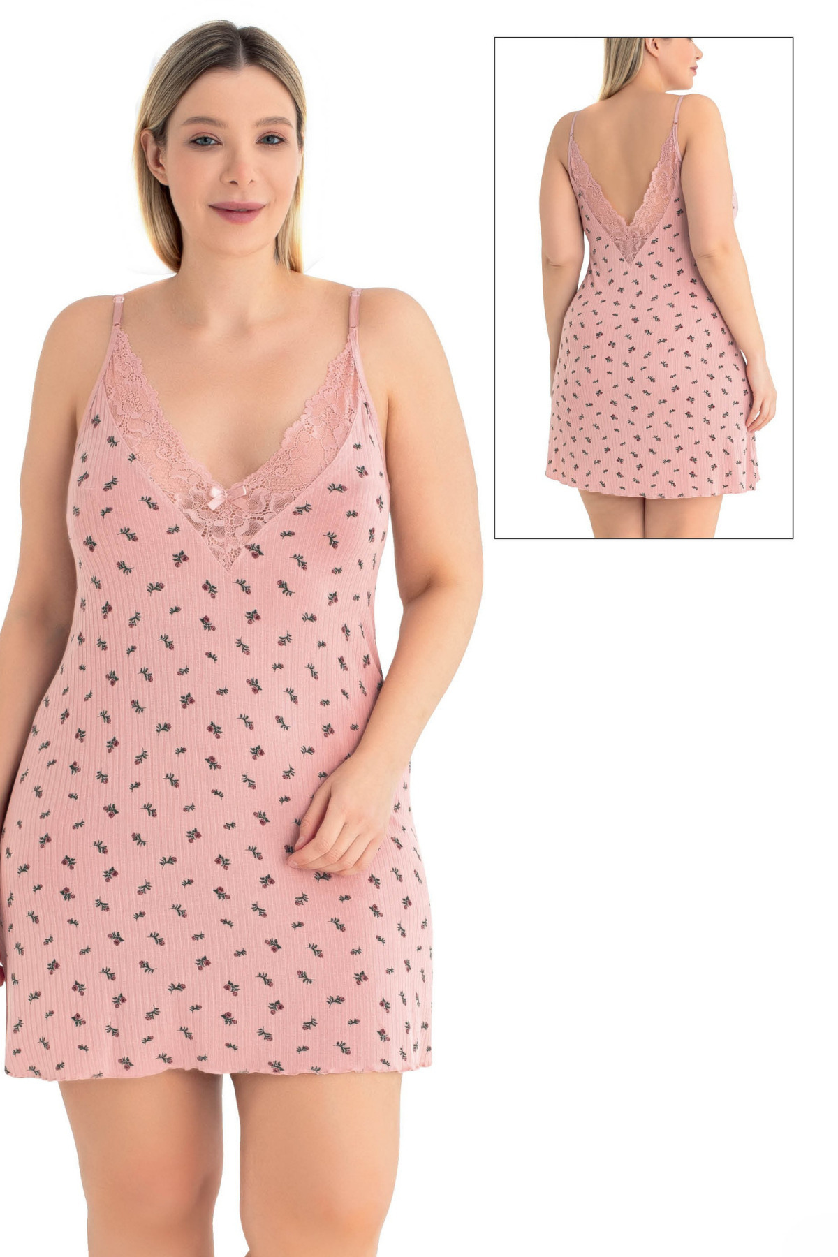 Cotpark Kadın Büyük Beden Viskon Kumaş Ayarlanabilir İp askılı Dantel Detaylı Gecelik 18283