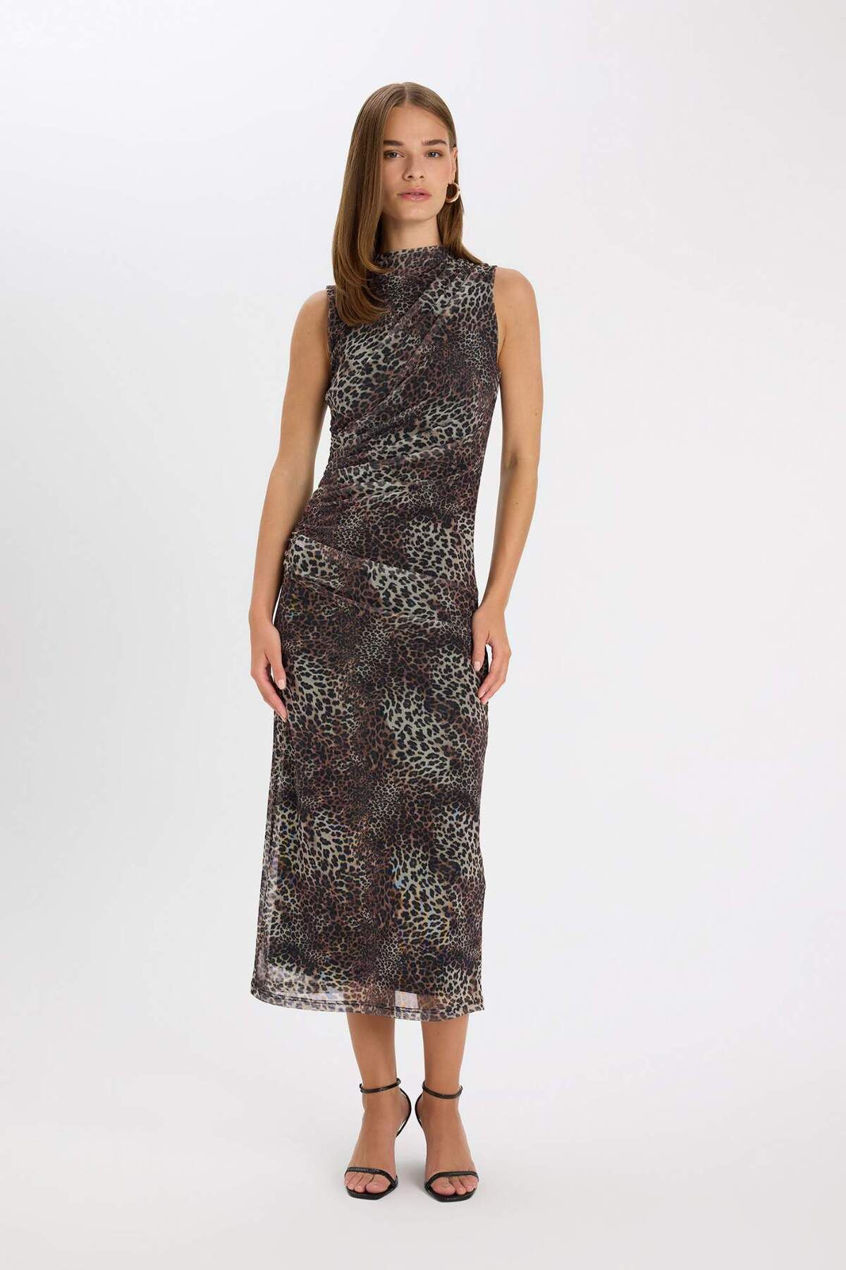 Bodycon Vücuda Oturan Bisiklet Yaka Leopar Desenli Tül Kolsuz Maxi Elbise D5061ax24au