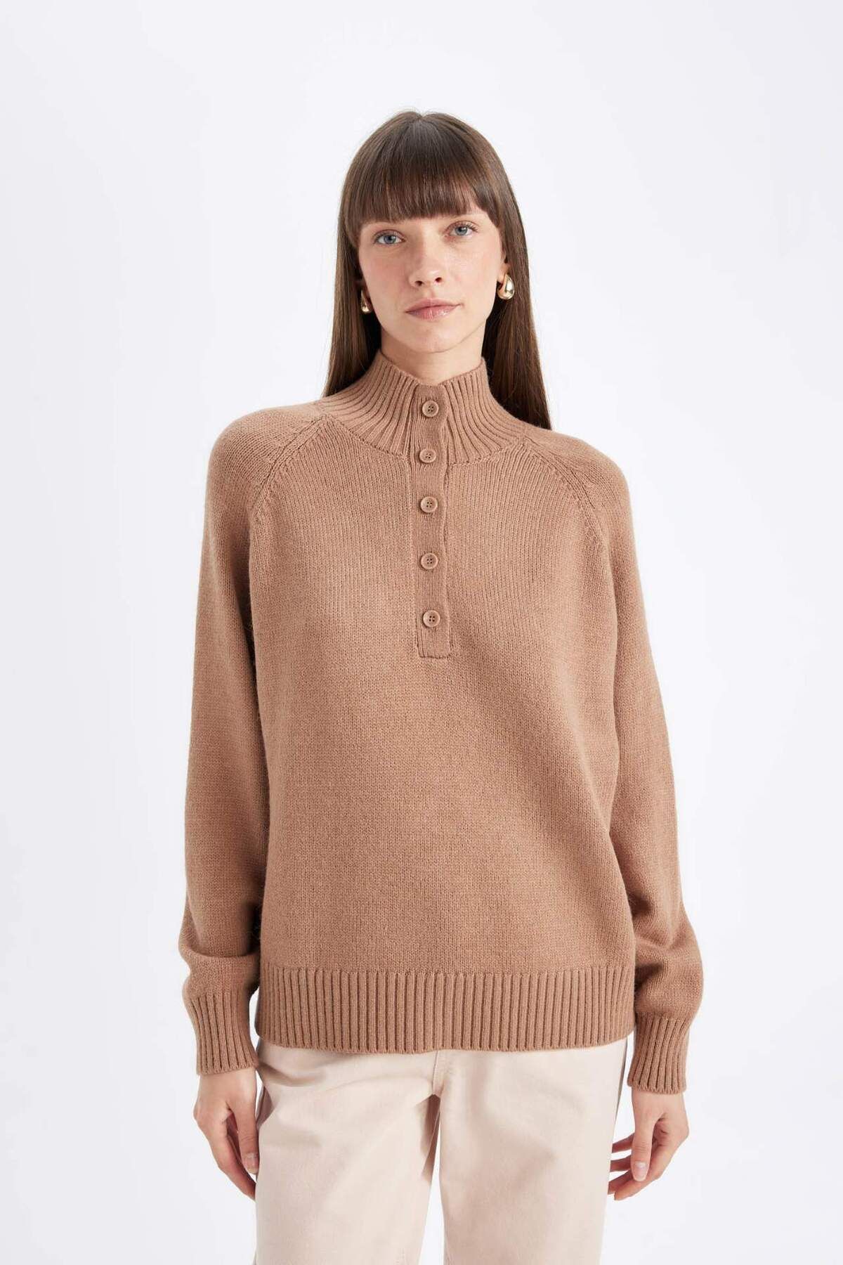 DeFacto-Relax Fit Soft Textured Button Collar Basic Plain Knitwear Sweater C9056Ax24Wn 3