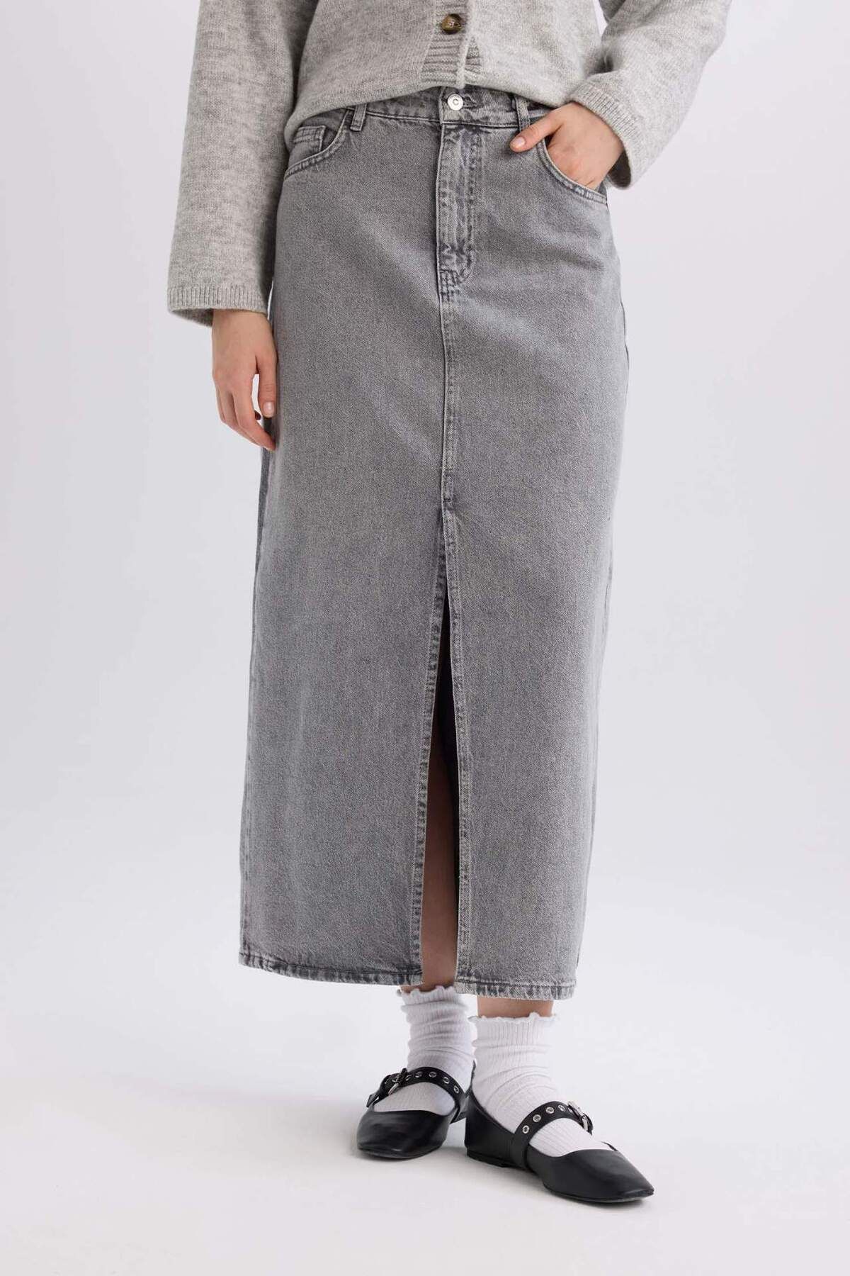 DeFacto-Fusta lungă de jeans cu fante la modă, cu buzunare D4424ax24au 5