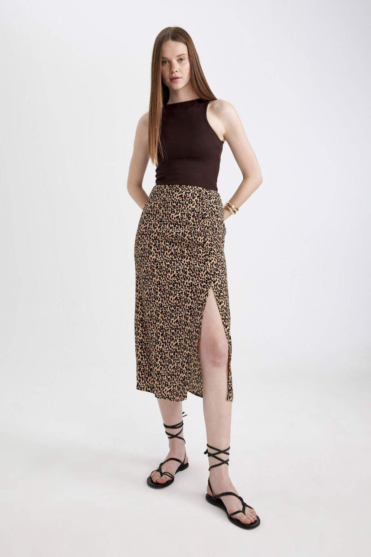 DeFacto-A Form Leopard Patterned Slit Moroccan Midi Skirt C0938Ax24Sm 1