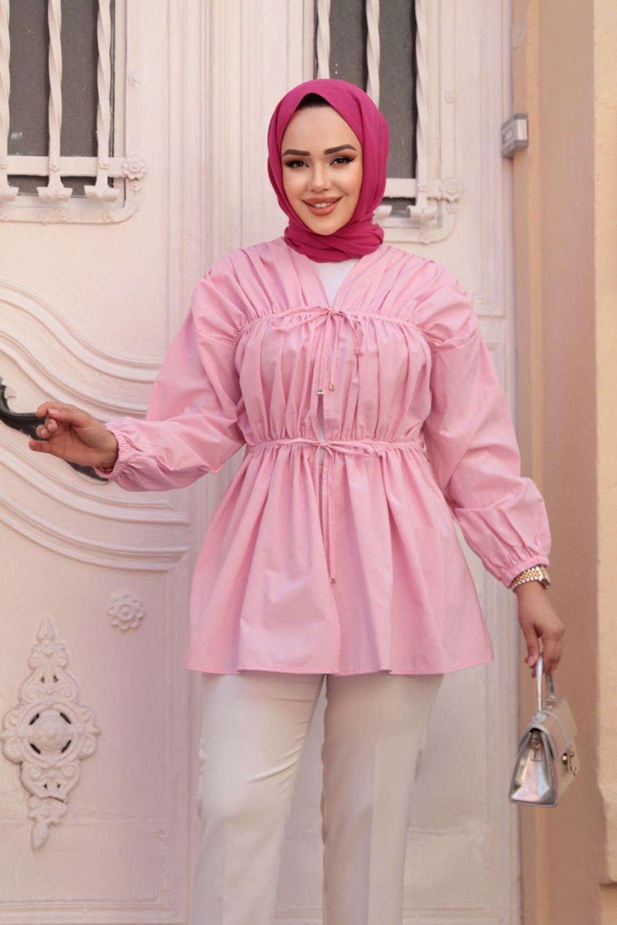 N.S NEVA STYLE-Pink Hijab Tunic with Gather Detail 101042P 3