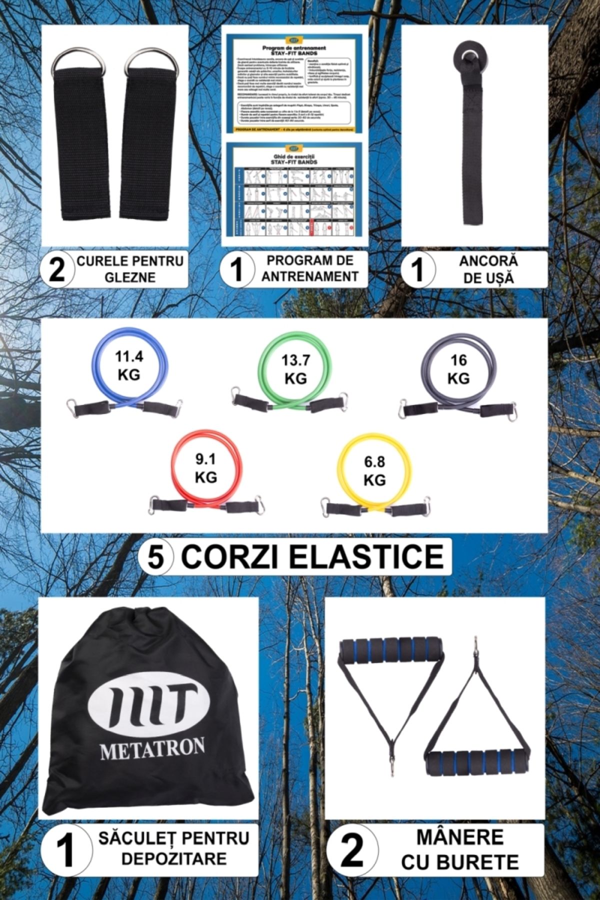 METATRON mT-Set Extensor 11 piese - 5 corzi elastice fitness cu accesorii și program de antrenament 5