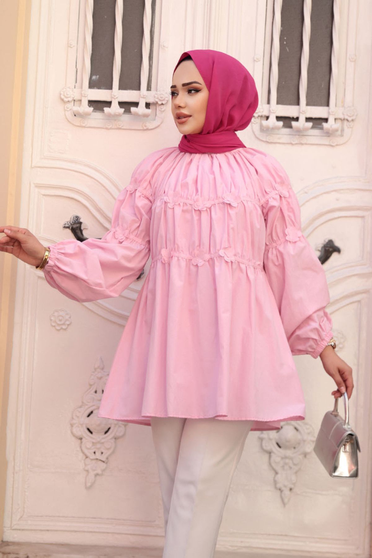 N.S NEVA STYLE-Pink Hijab Tunic with Gather Detail 101033P 2