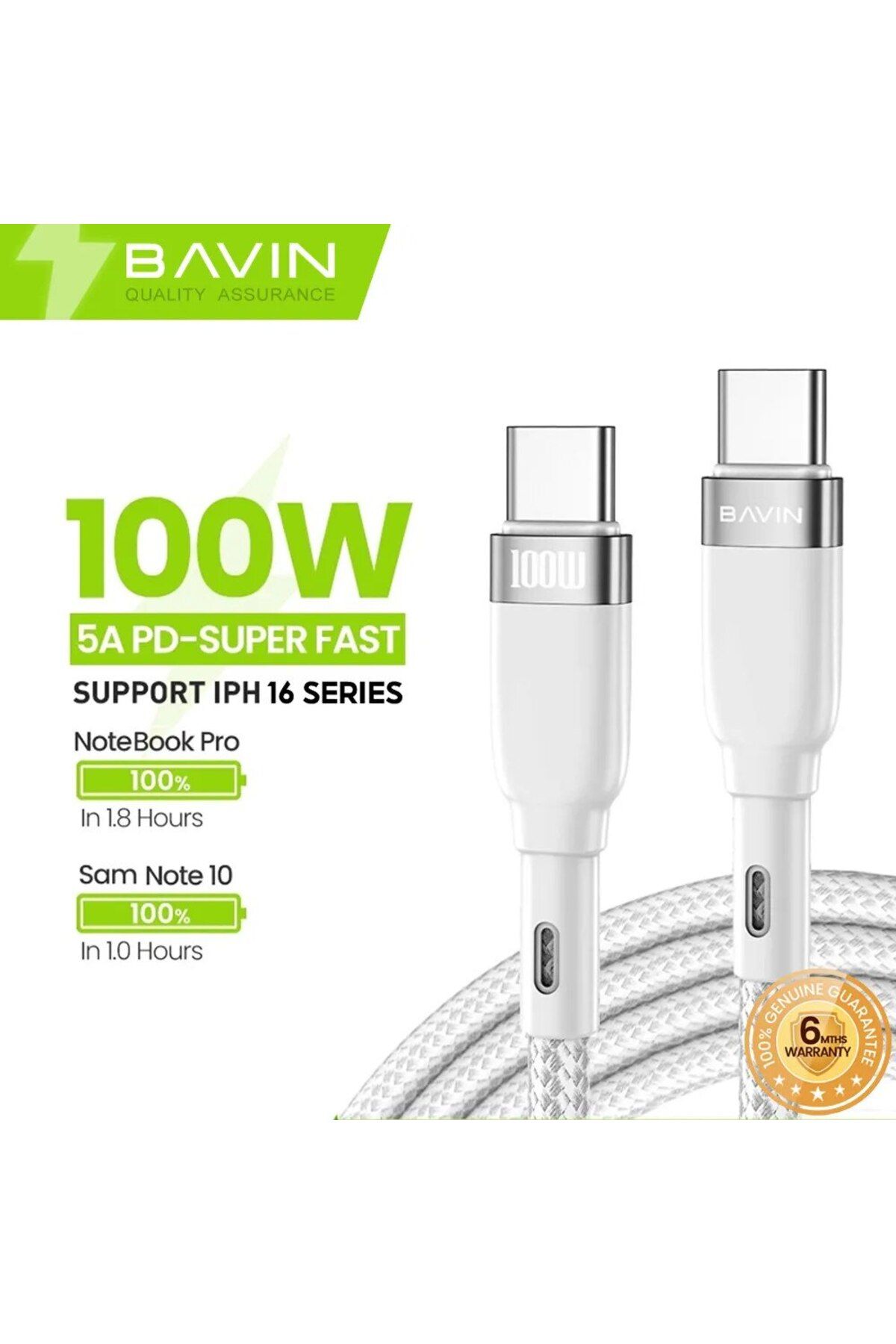 Bavin-Cablu de date și încărcare rapidă CB229 USB-C la USB-C, 100W, 1,5m, alb 4