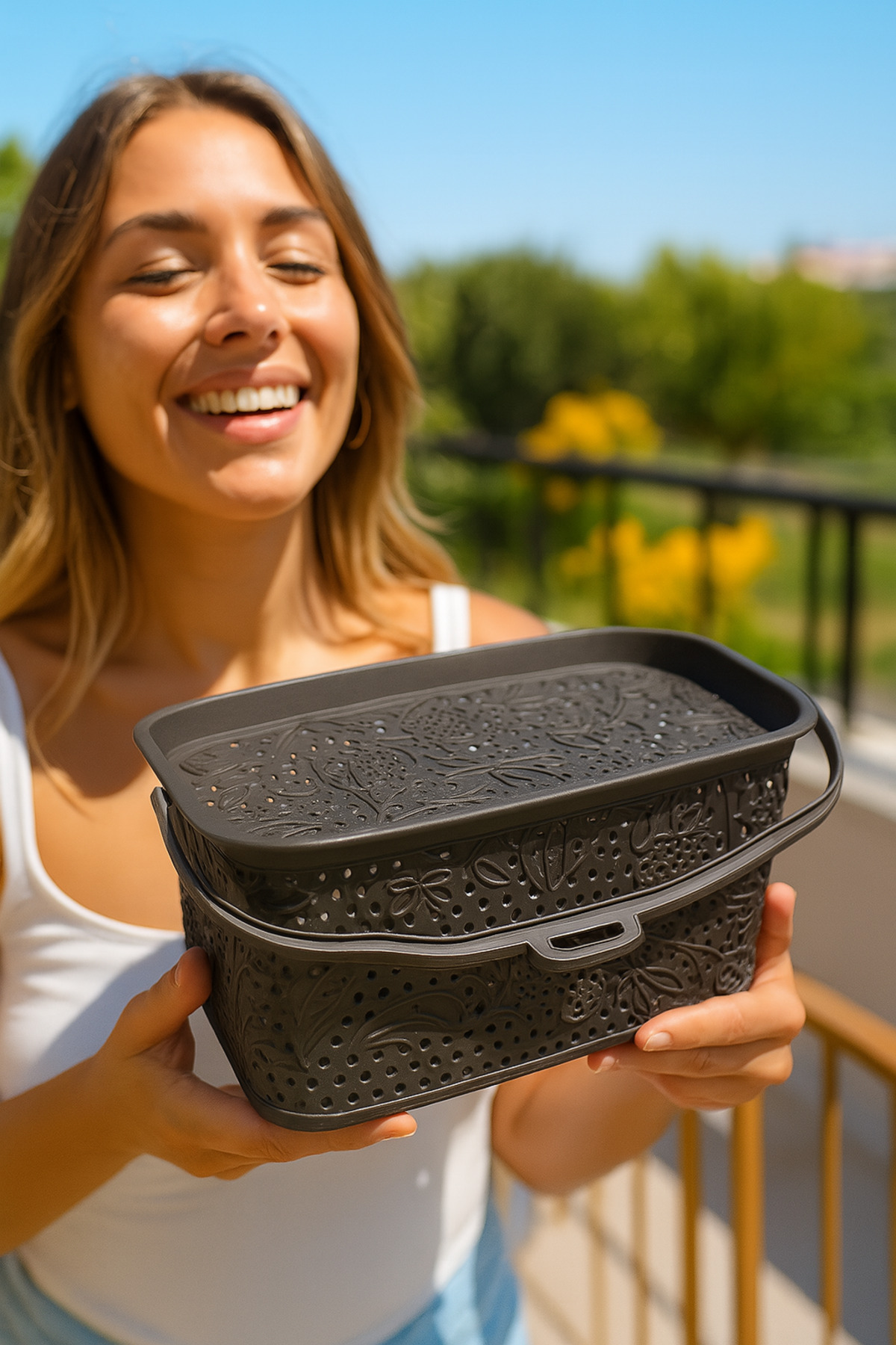 HANK TİCARET Kalın Plastik Mandal Sepeti veya Çorap Sepeti Dantel Modeli Bitter Kahve Rengi 22x15x13 Cm