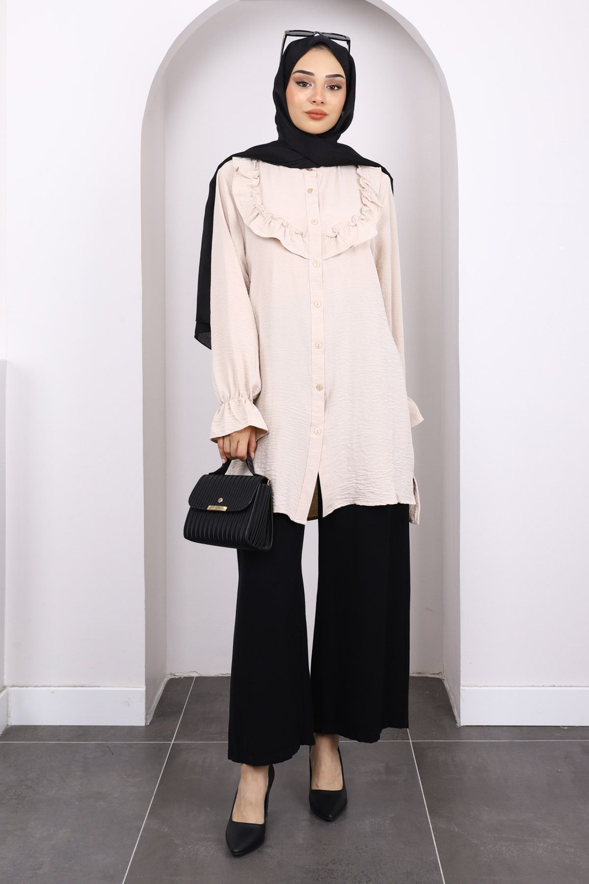 İmajButik-Beige Ruffled Front Ayrobin Tunic 2