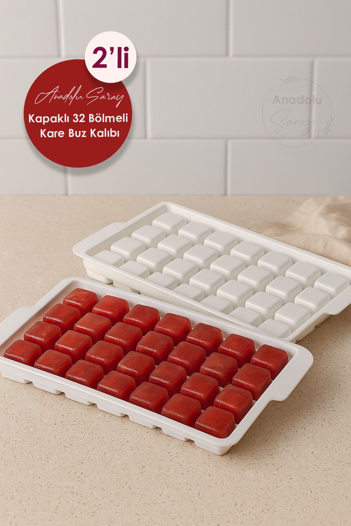 Anadolu Saray-2 Pieces Practical Lid 32 Compartment Square Ice Mold |   32 Pieces Square Model Large Size Ice Mold with Lid 1